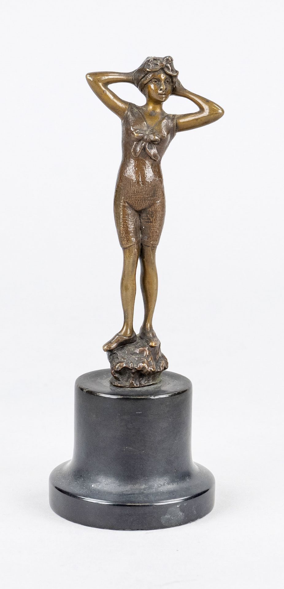 Anonymous sculptor c. 1920, girl in bathing suit with arms folded behind her head, patinated