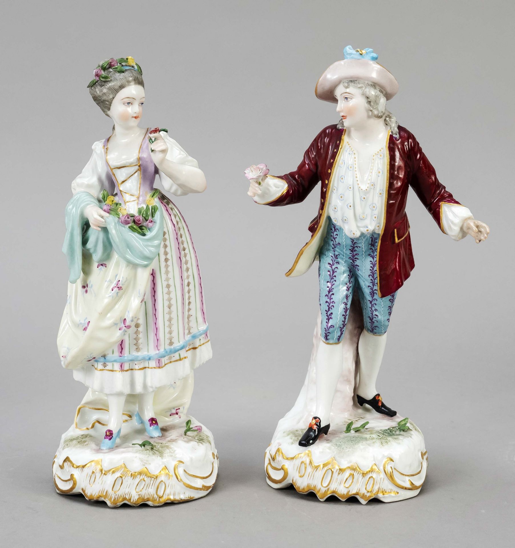 Pair of gardener figures, w. Paris, France, c. 1900, female gardener with flowers in her apron and