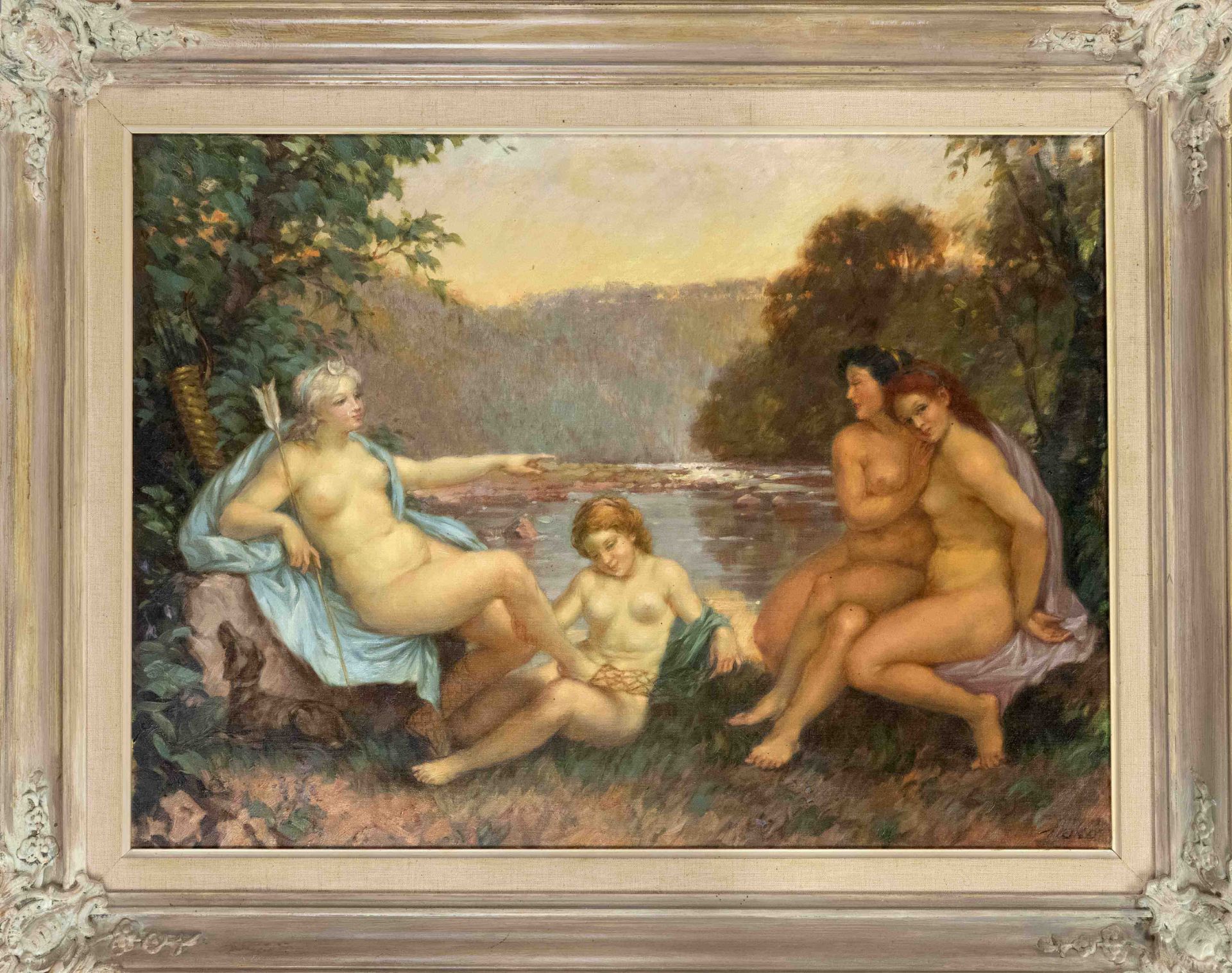 signed Häkö, 1st half 20th c., Bathing Diana with female nudes, oil on canvas marouflaged on