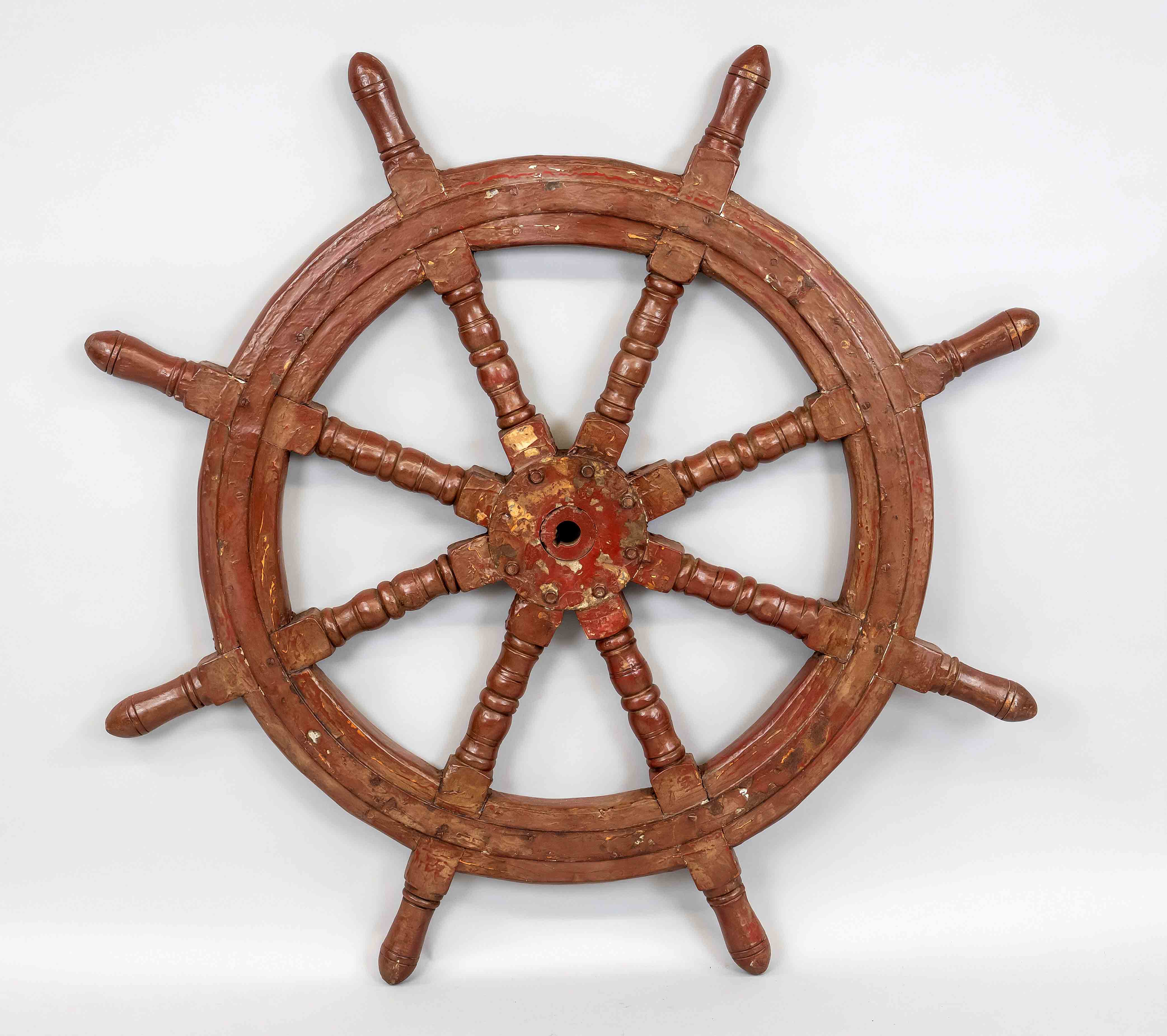 Ship steering wheel, probably 19th century, 8 turned spokes, wood with iron fittings, painted oxen