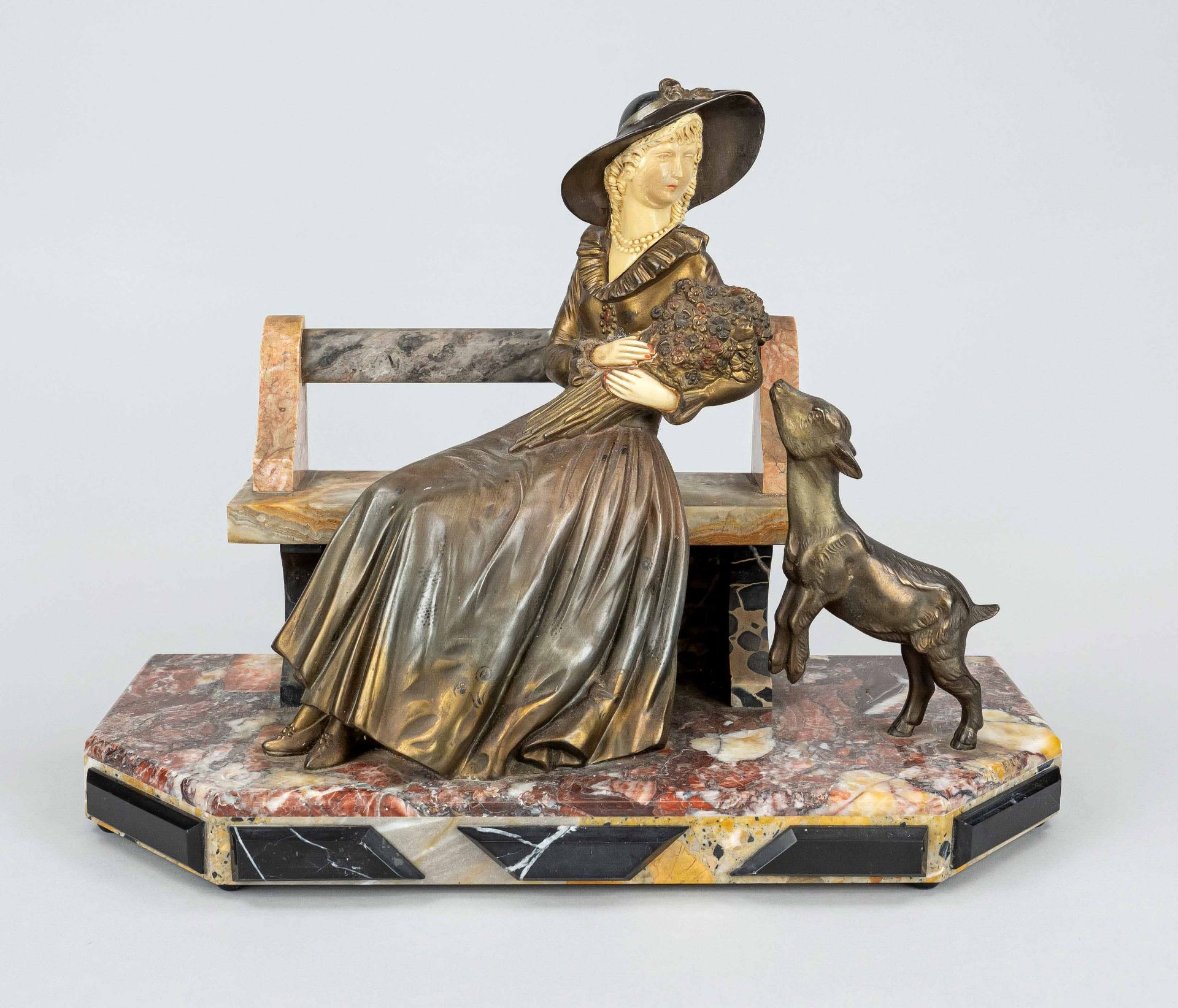 R. Lullier, sculptor c. 1920, lady with bouquet of flowers and calf, large Art Deco group, bronzed