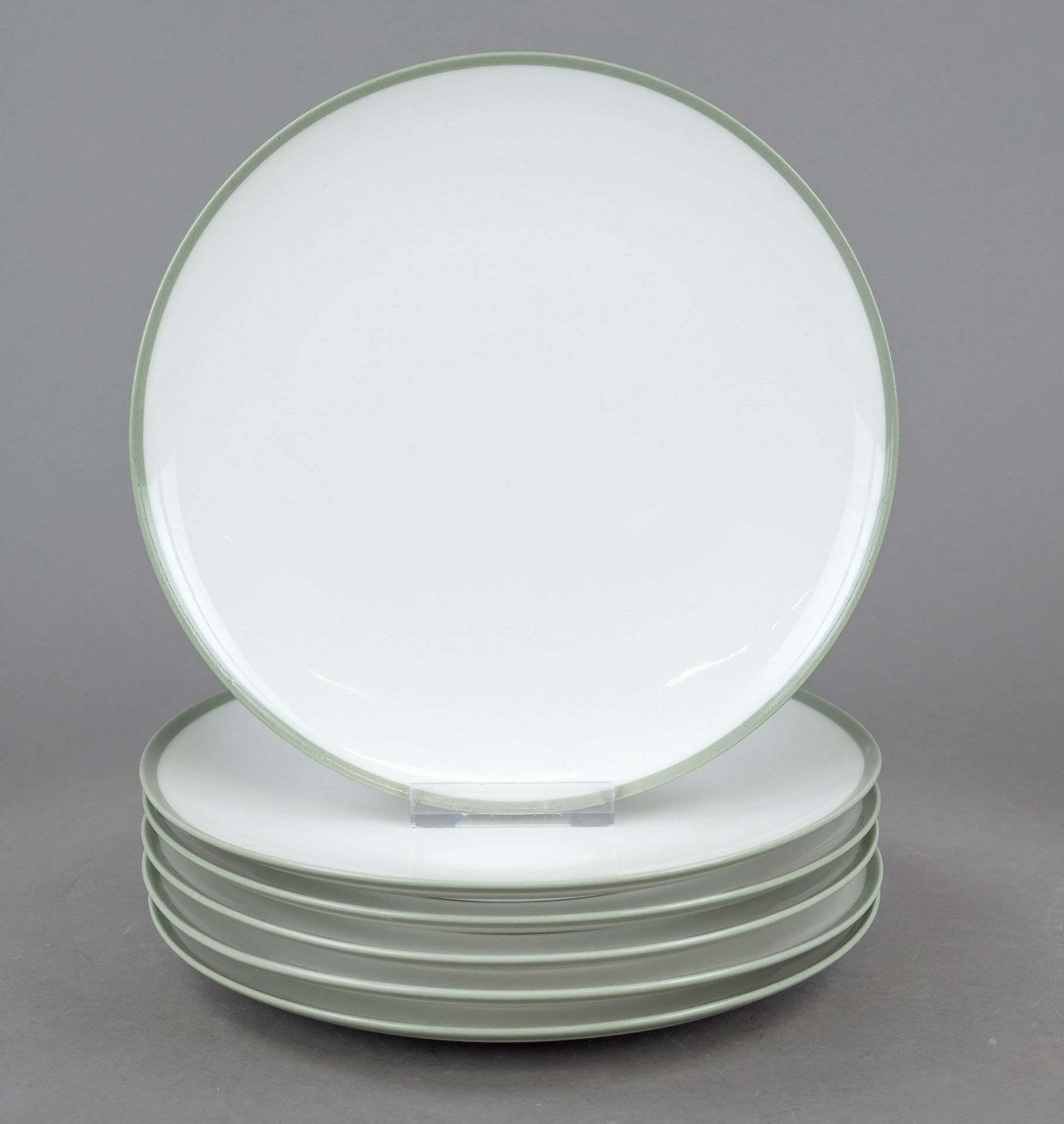 Six dinner plates, KPM Berlin, mark before 1962, 2nd choice, form Urbino, white with celadon green