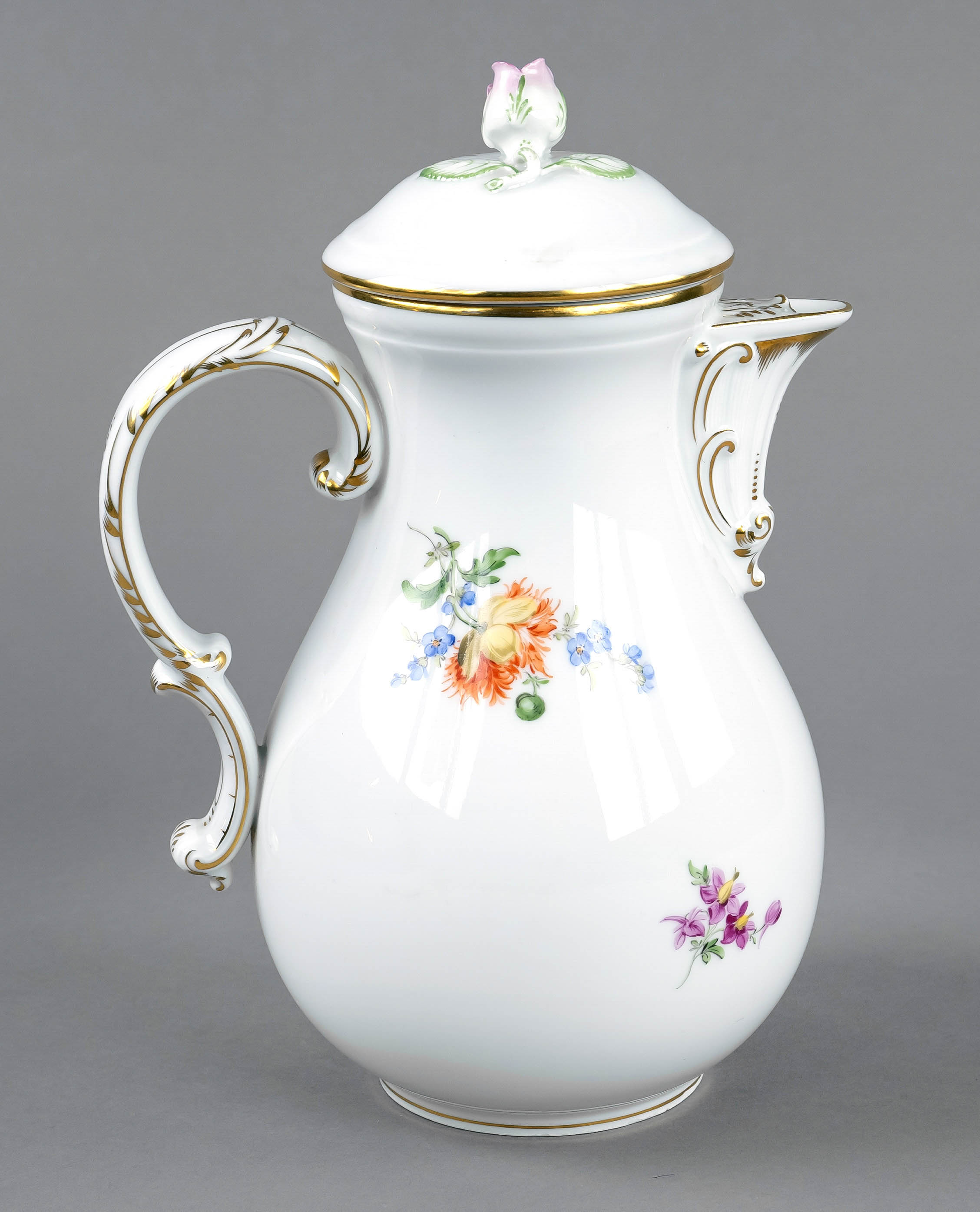 Coffee pot, Meissen, mark 1951-53, 1st choice, shape New Cutout, decor Colorful Flower, ornamental - Image 2 of 2