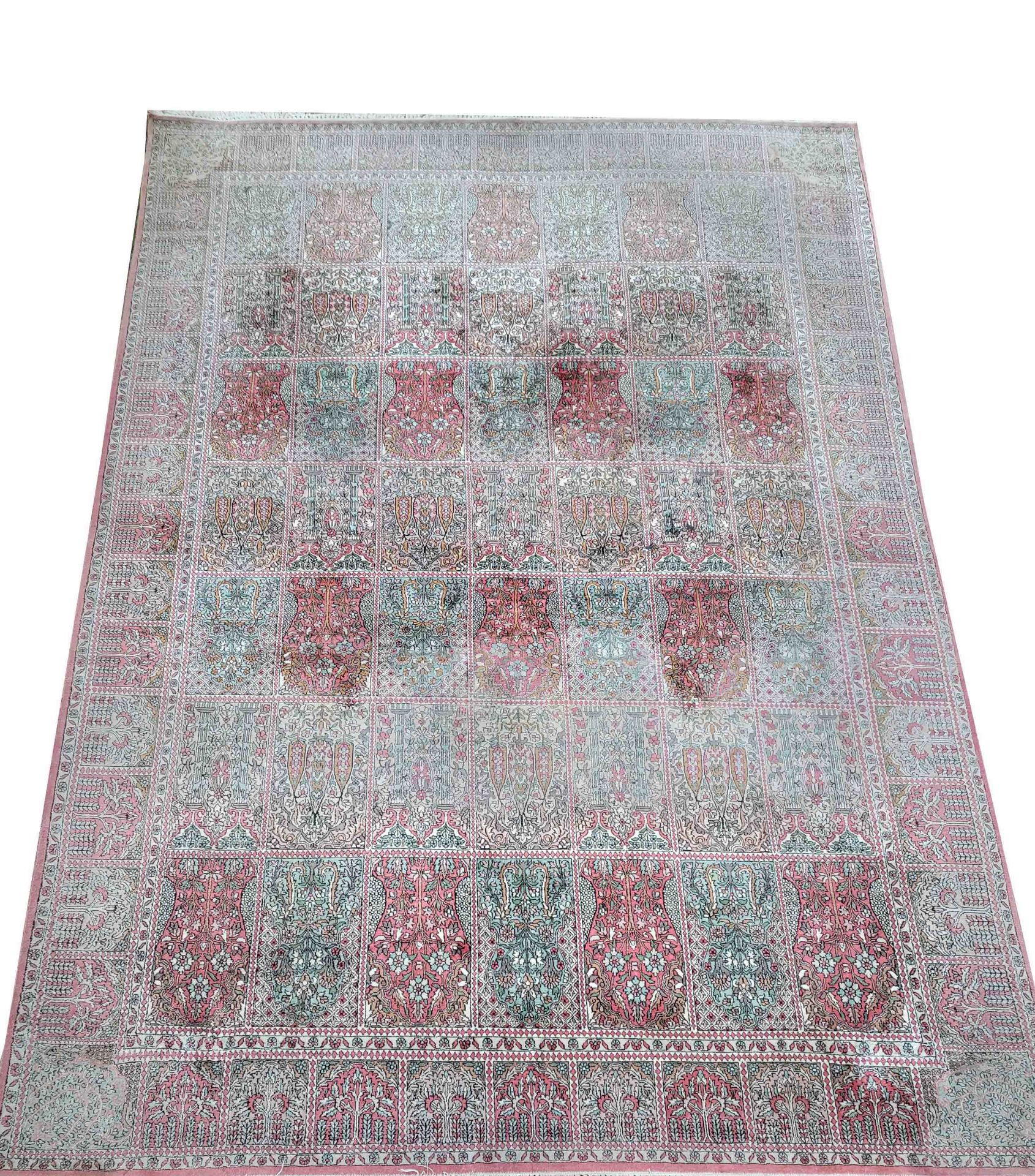 Carpet, silk, Bakhtiar garden pattern, worn in one area, edges slightly worn, 379 x 264 cm