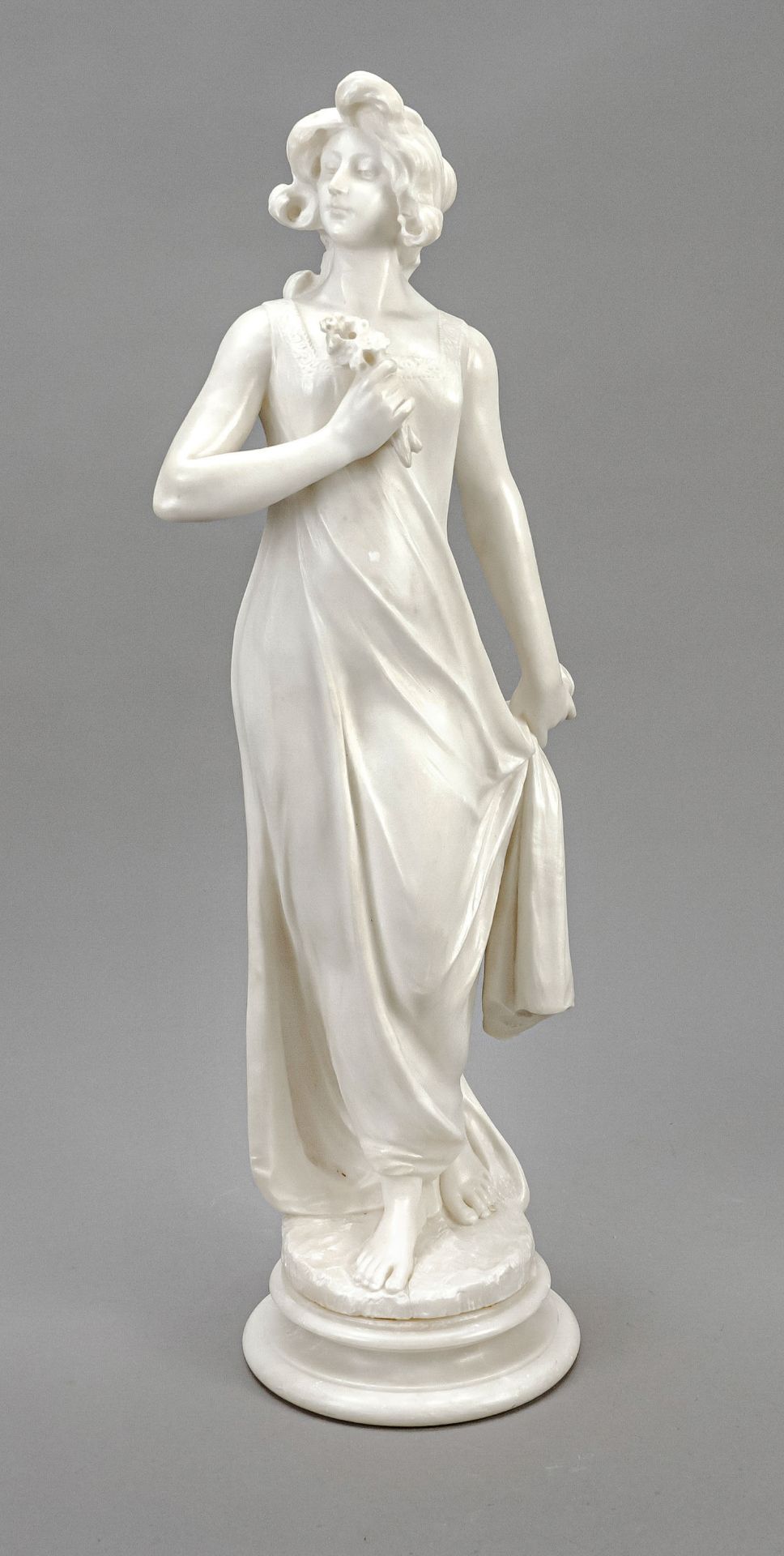 Paul Philippe (1870-1930), French Art Deco sculptor, statue of a young woman with small bouquet of