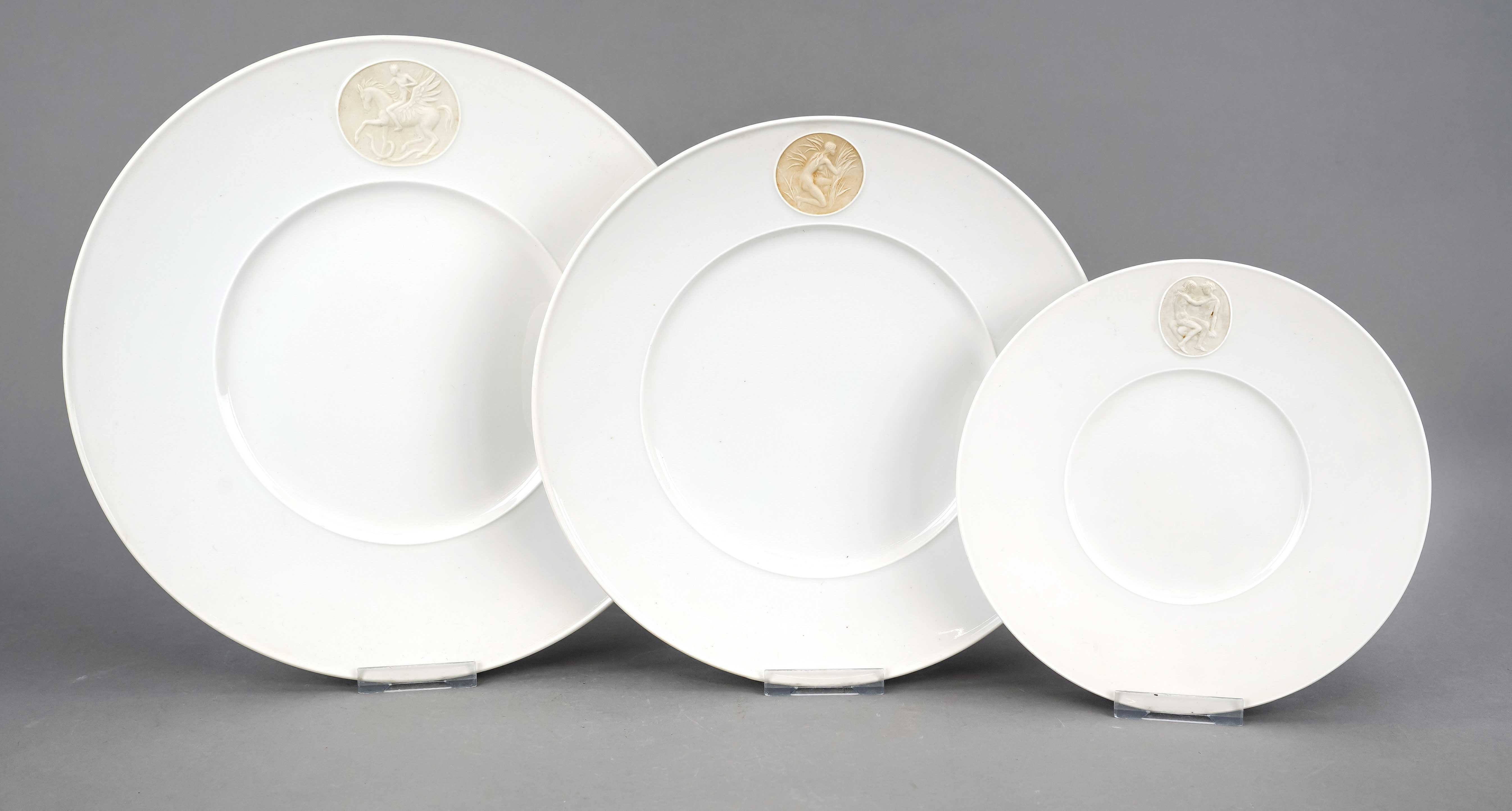 Three plates, KPM Berlin, marks before 1945, 2nd choice, white, form Arcadia, design Siegmund