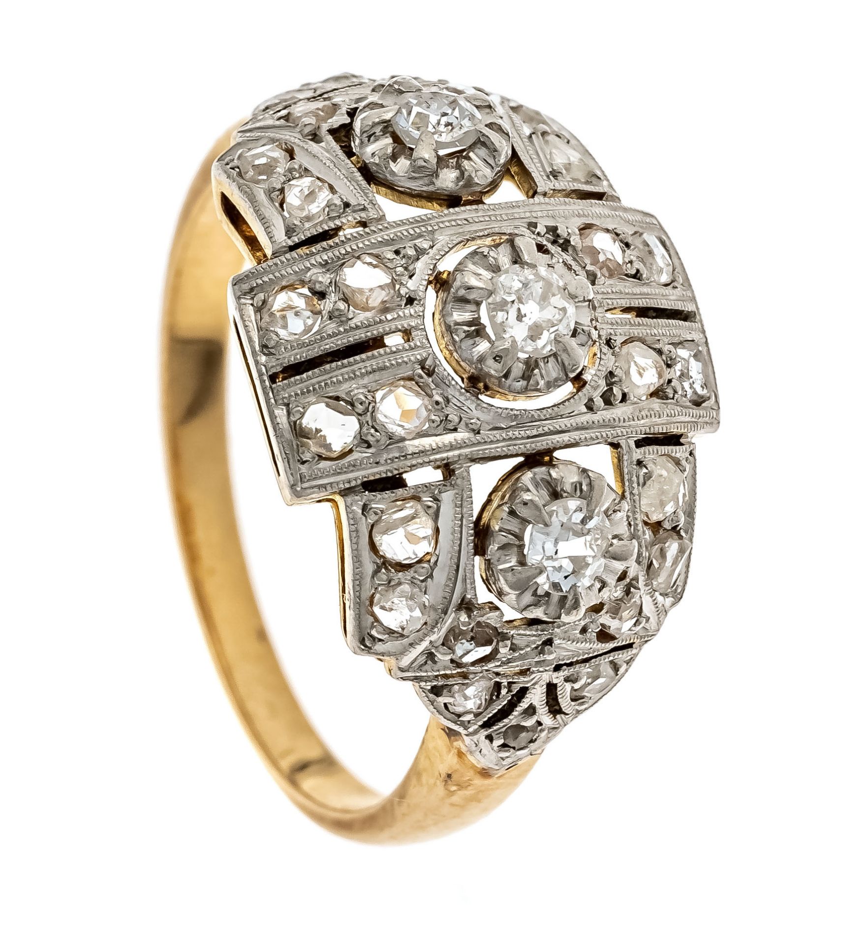 Art Deco ring GG/WG 585/000 unstamped, tested, with 3 old cut diamonds, l.l.tinted W/VVS-SI and