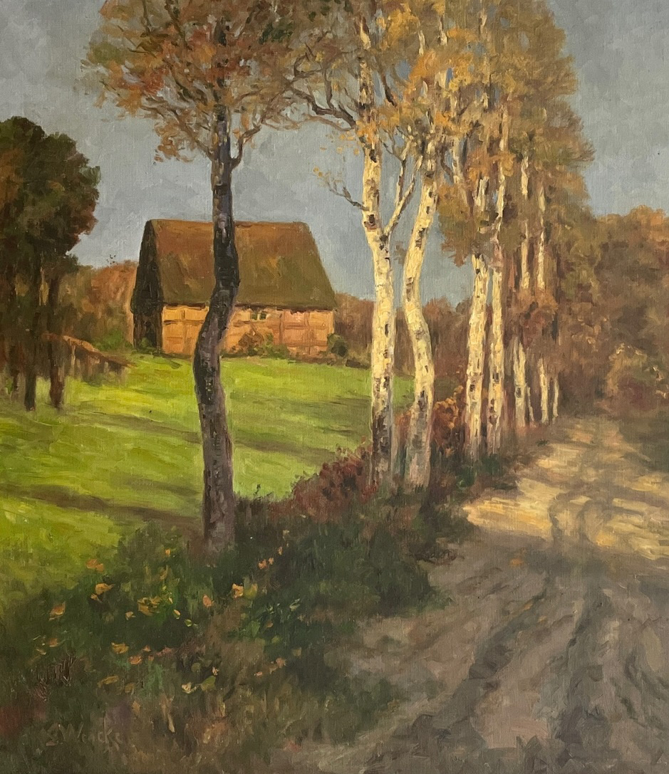 Wencke, Sophie. 1874 Bremerhaven - 1963 Worpswede. Worpswede birch path in the autumn sun. Oil/