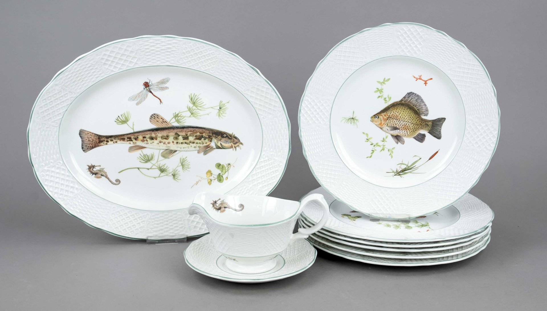 Fish service for 6 persons, 9 pieces, ceramic, Marlborough Old English Ironstone By Simpsons Potter,