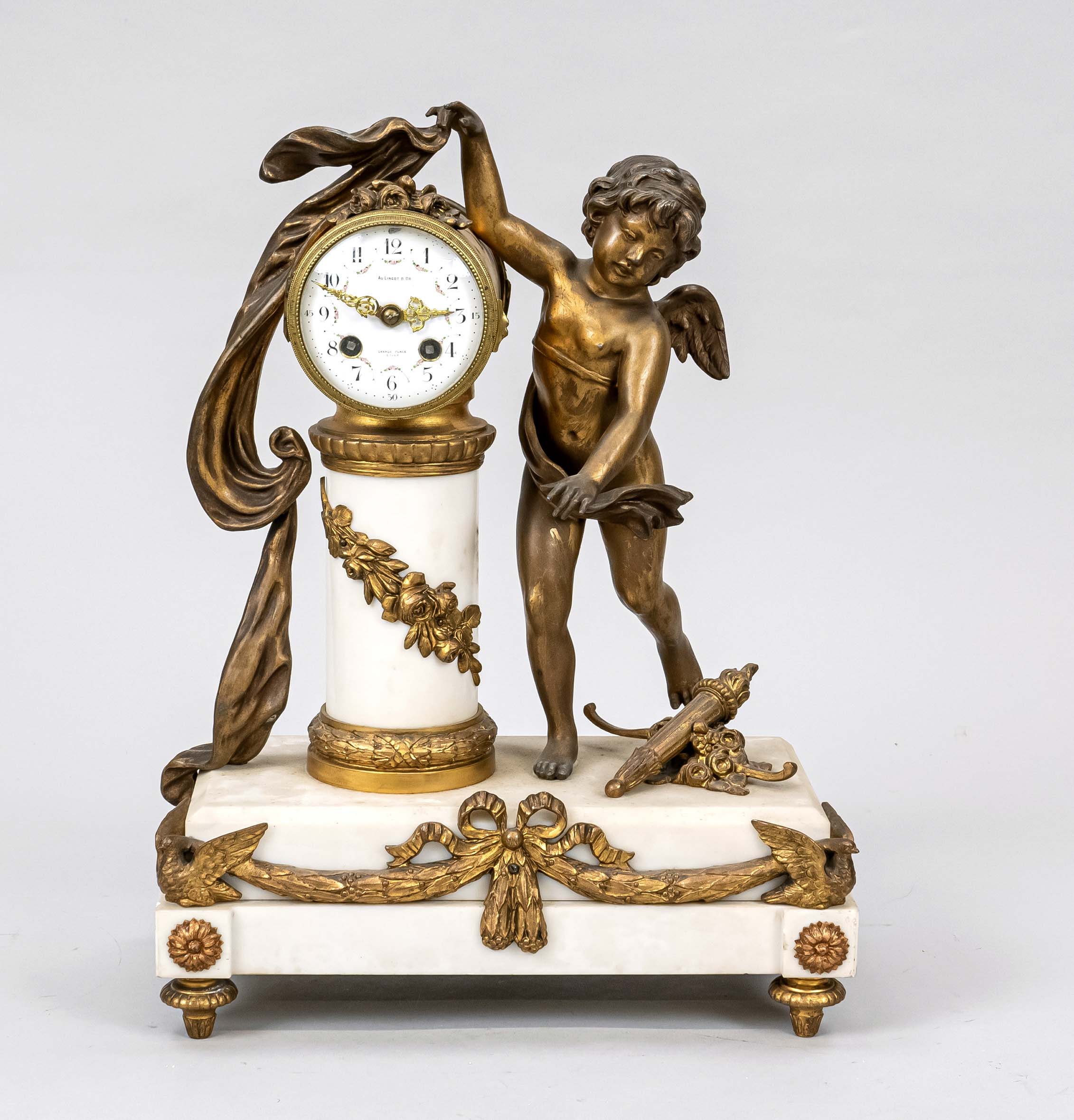 white marble clock Cupid with bow and arrow, 2nd half of 19th century, pedestal decorated with