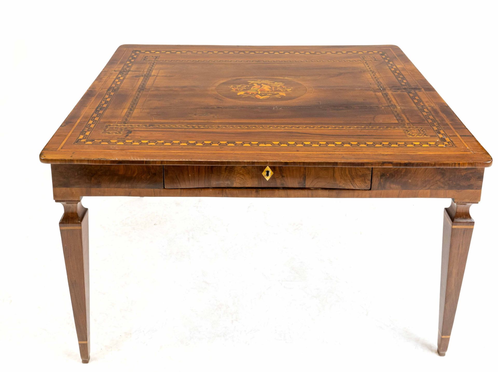 Biedermeier table circa 1820, walnut and other fine woods veneered, frame with drawer, veneer framed