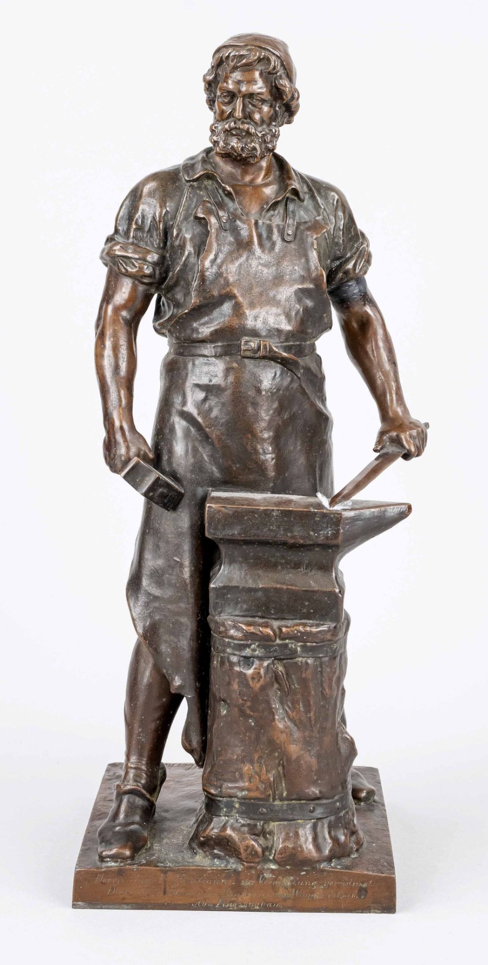 Wilhelm Albermann (1835-1913), the blacksmith, statuette of a man forging a sword, brown patinated