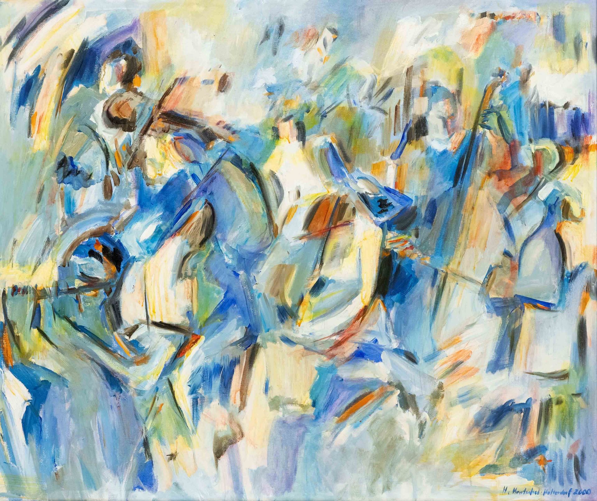 Helga Hentschel-Holterdorf, contemporary artist, large expressive orchestra scene, oil on canvas,