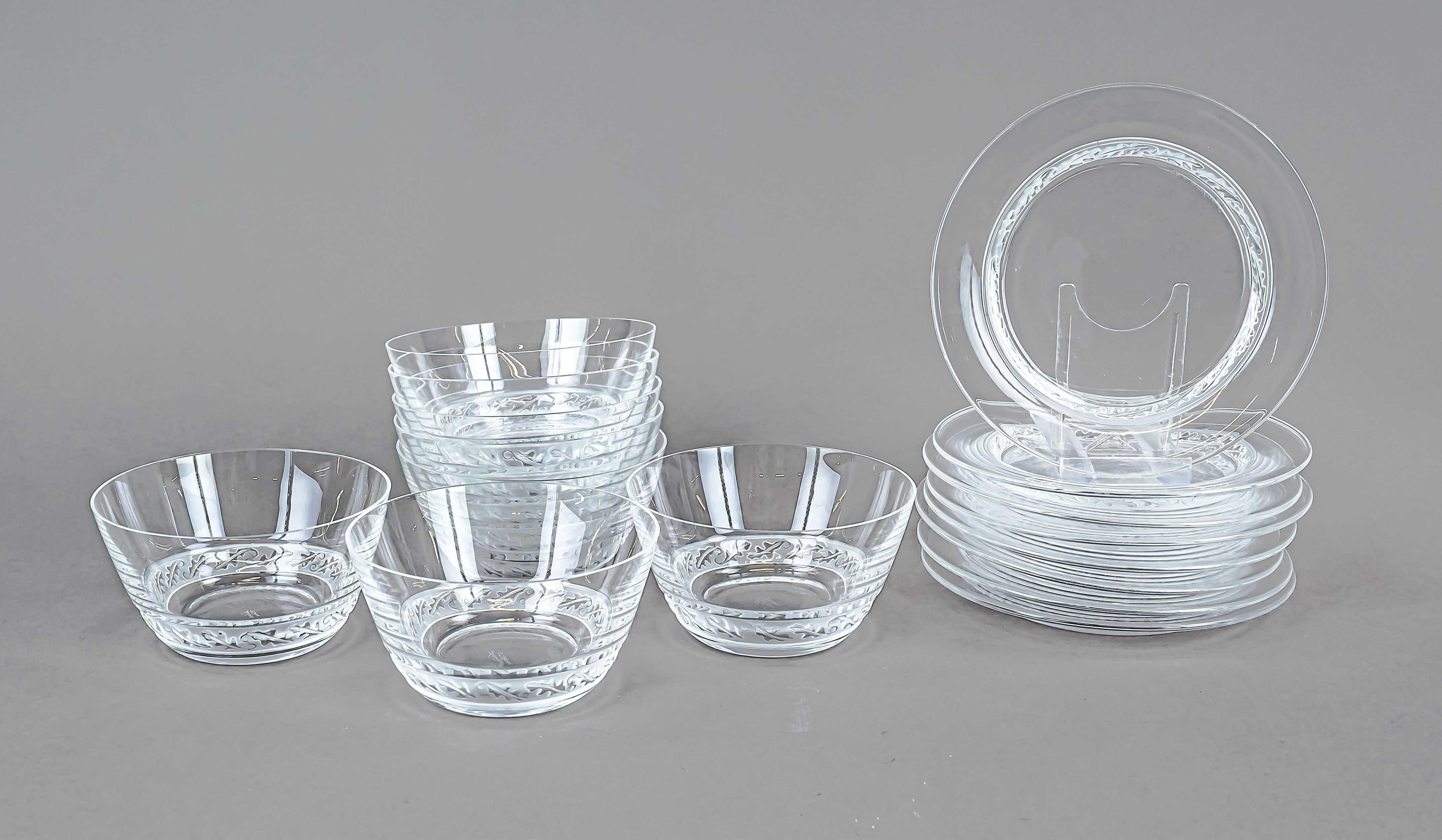 Eight dessert bowls and eight plates, France, 2nd half of 20th century, Lalique, clear glass, partly