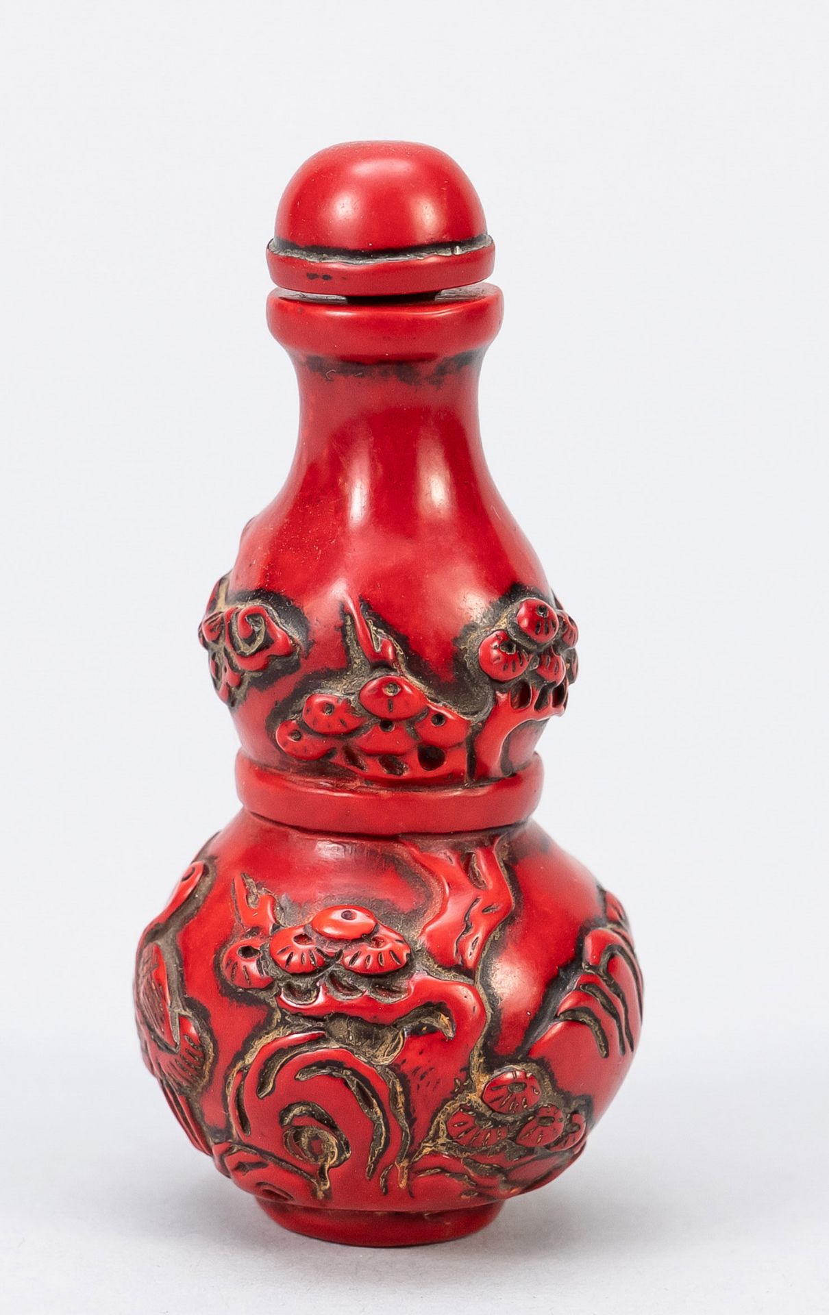 Snuff Bottle ''The Pair of Cranes of Pine Peak'', China, c. 1900, carved red lacquer with decoration