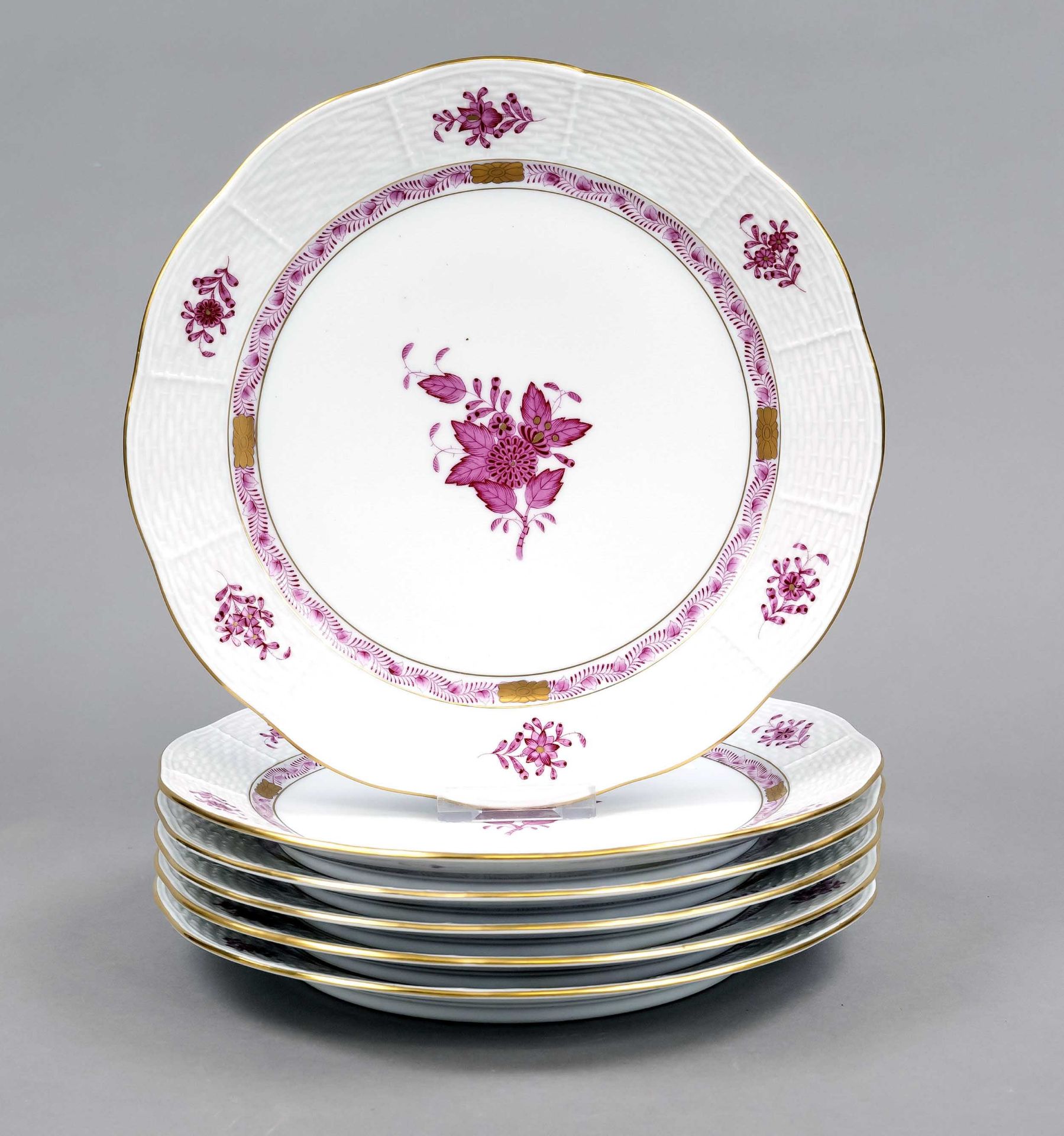 Six shallow plates, Herend, 20th century, Ozier shape, Apponyi decor in purple, ornamental