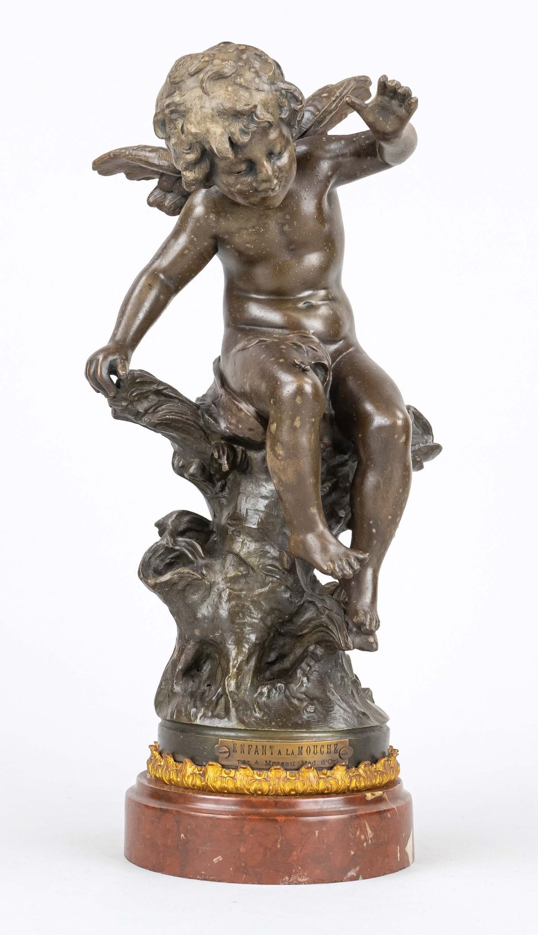 Auguste Moreau (1834-1917), after, ''Enfant à la Mouche'', cupid with caterpillar on the knee, brown