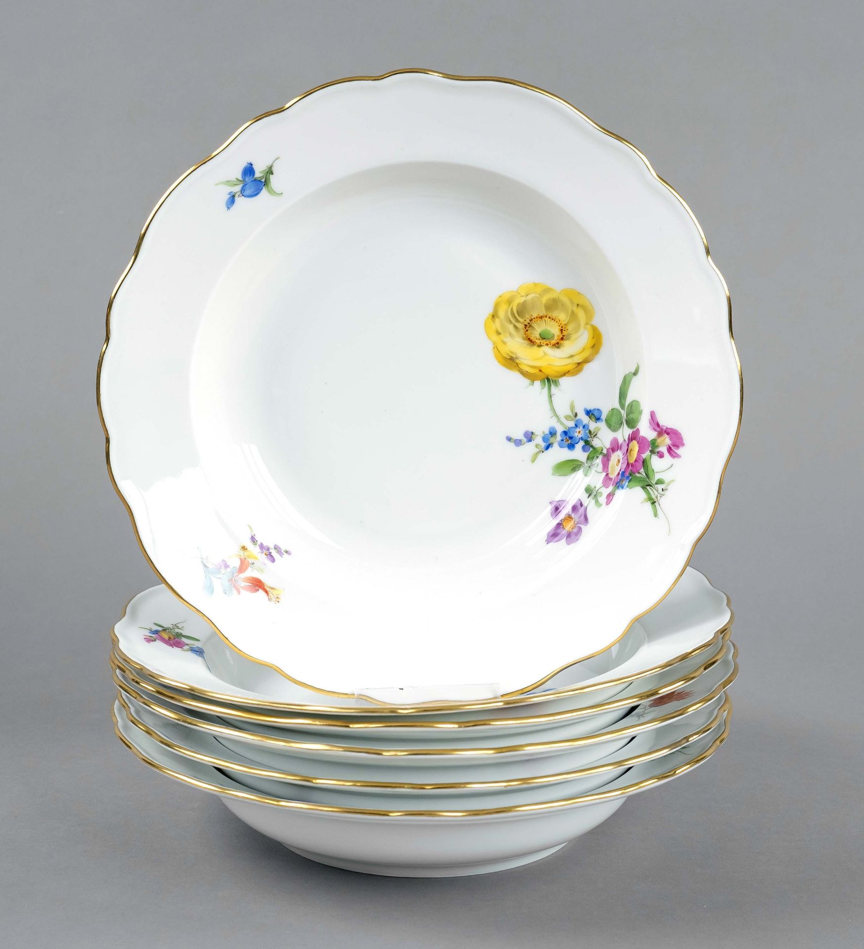 Six soup plates, Meissen, stamps after 1934, 1st choice, shape New Cutout, decor Colorful Flower,