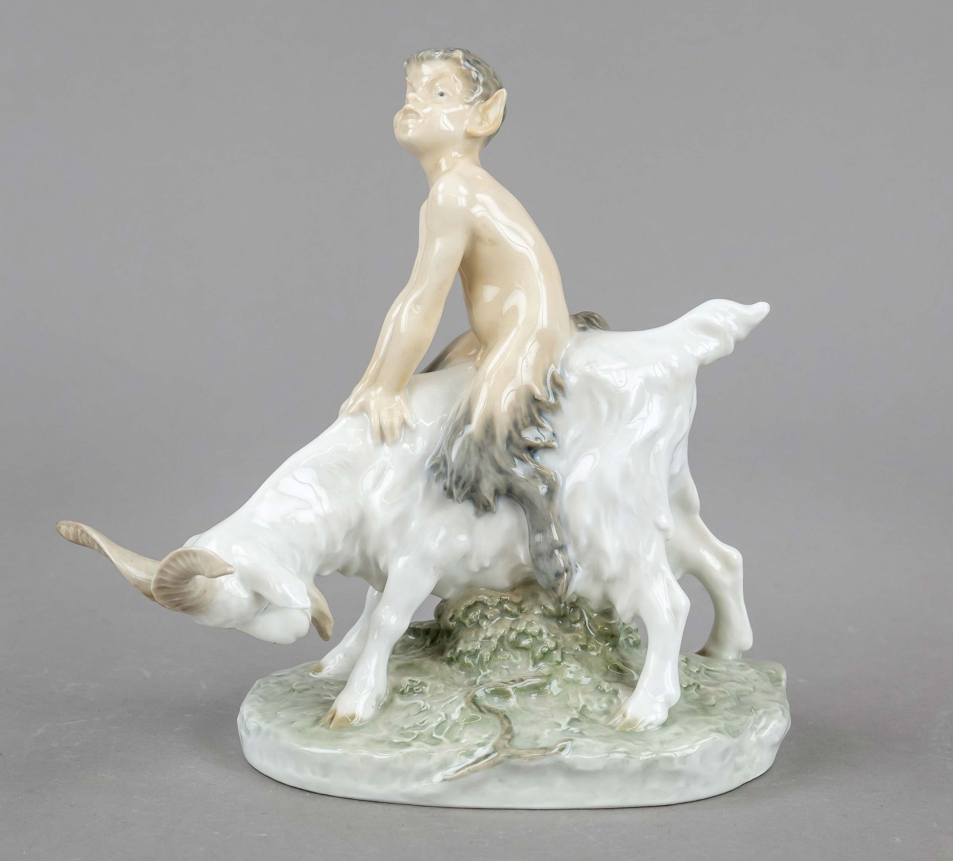 Young faun riding a billy goat, Royal Copenhagen, mark 1962, design Christian Thomsen, mon.,