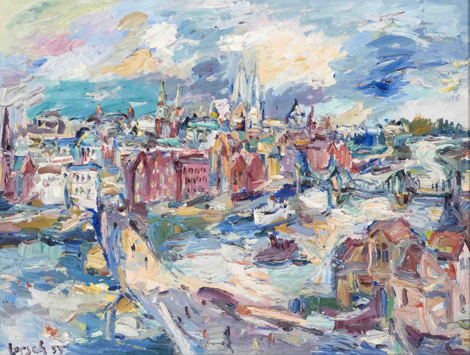 Lorsch, Sandro von. 1919 - Hamburg - 1992. view of Bremen (seen from the Weser). 1955. oil/canvas,