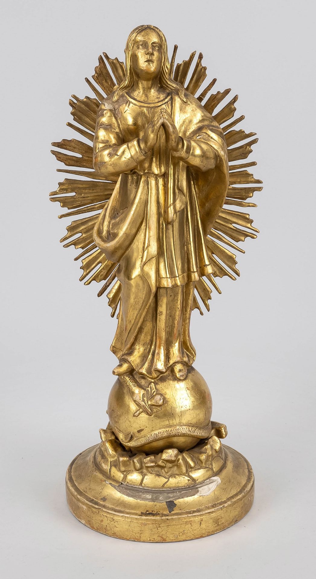 Figure of saint/Christ, 19th century, limewood carving with gold mount. Standing on a sphere with