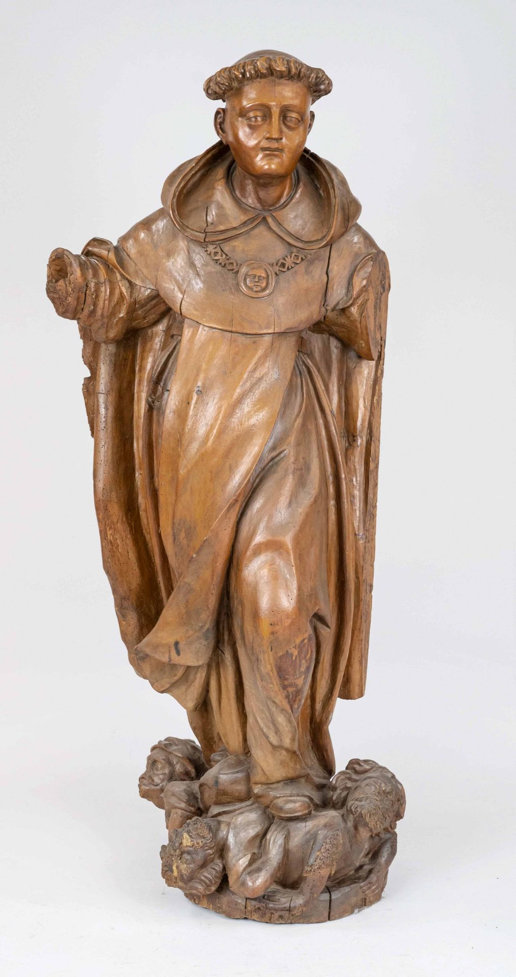 Sculptor of the 18th century, large saint figure of a monk standing on three damned, fully plastic