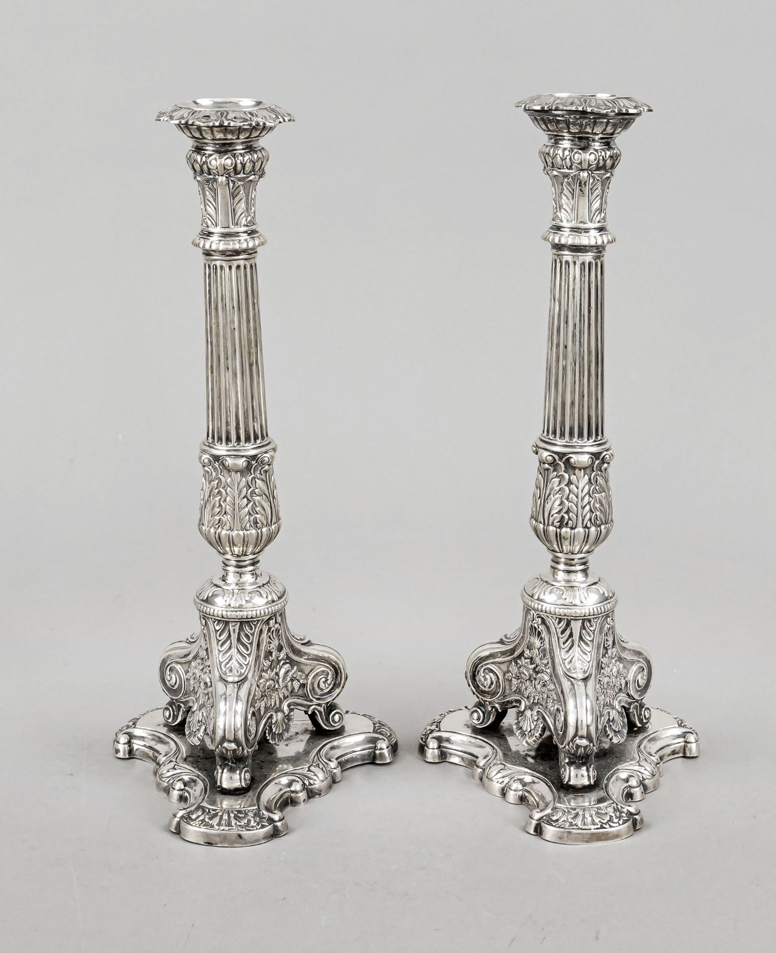 Pair of candlesticks, 2nd half of 19th century, silver 13 soldered (812,5/000), 3-sided stand on