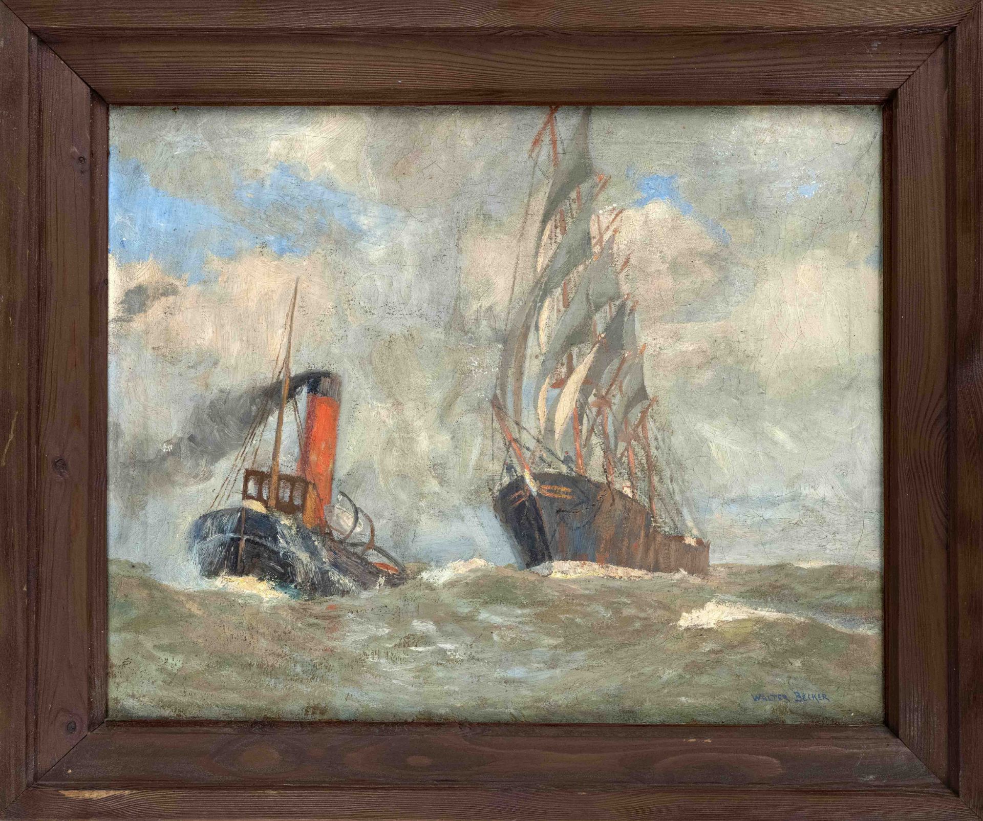 Walter Becker, 1st half 20th century, Tugboat with tall ship, oil on canvas, signed lower right,