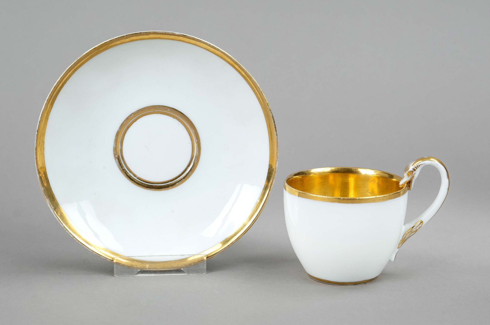 Cup with saucer, Meissen, 18th century, 1st choice, swan neck handle, gold decoration, h. 8 cm