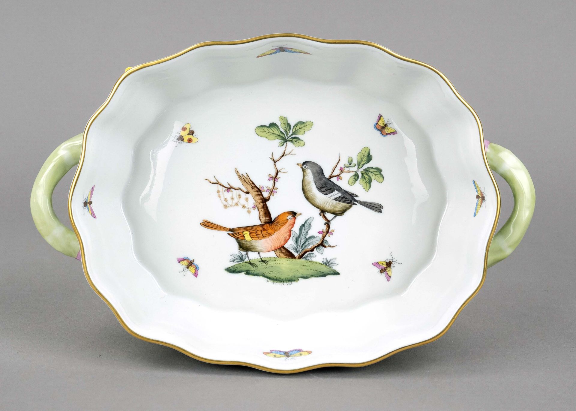 Bowl and tray, Herend, Hungary, late 20th century, 1st choice, polychrome painted with birds and - Image 2 of 2