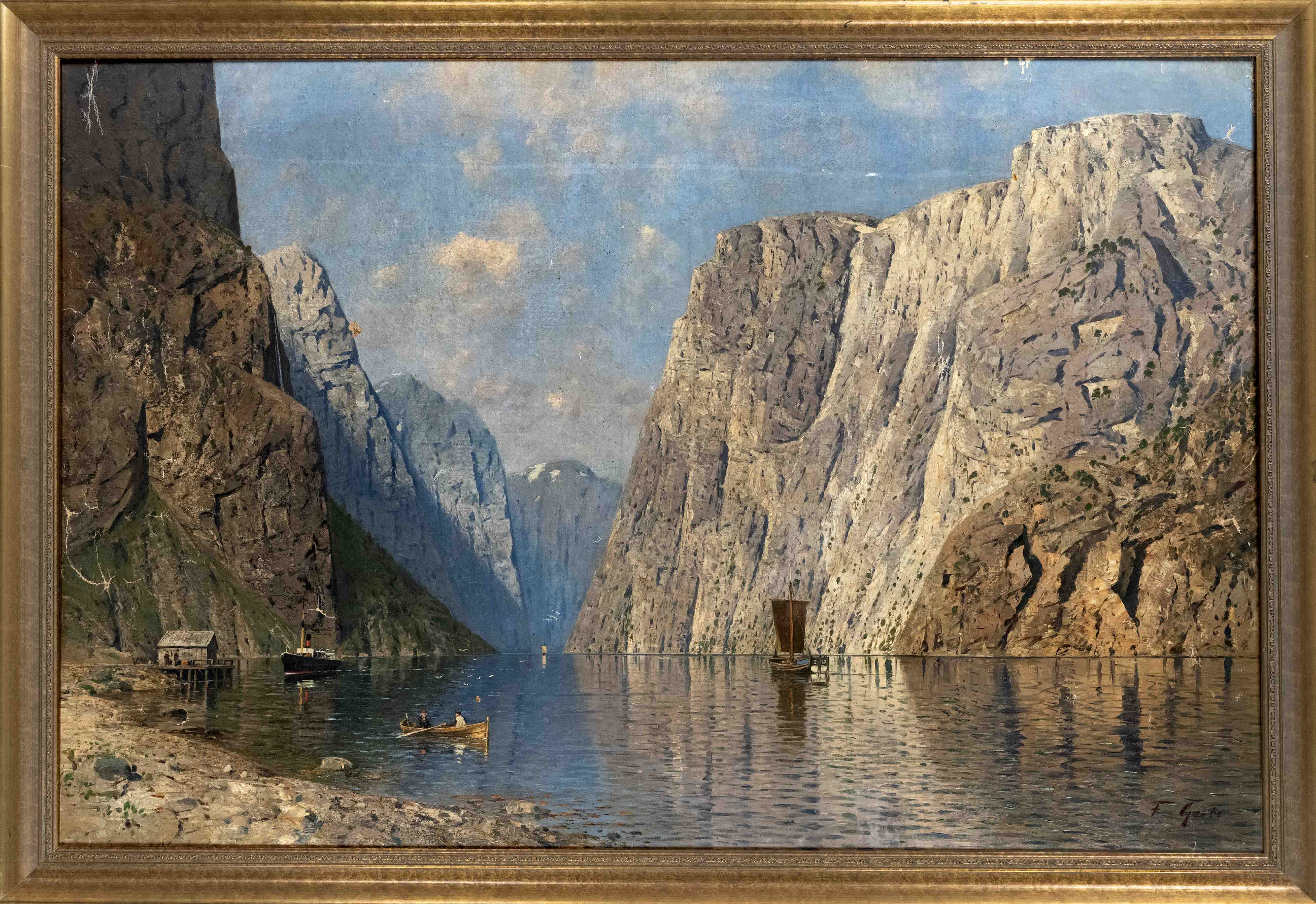 Fritz Grebe (1850-1925), Düsseldorf School of Painting, large heroic fjord landscape, oil on