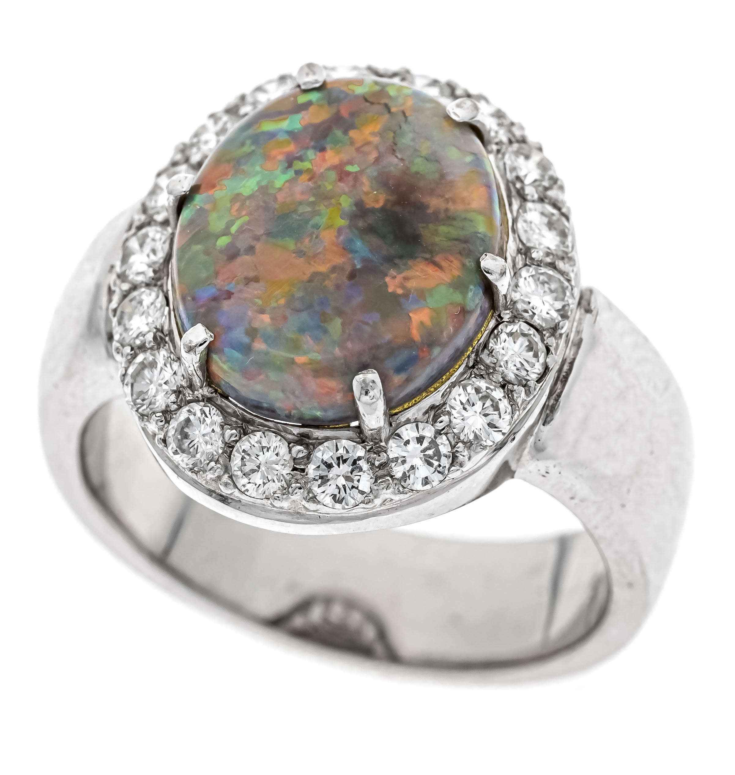 Precious opal diamond ring WG 750/000 with an excellent oval precious opal cabochon 4.00 ct, vivid