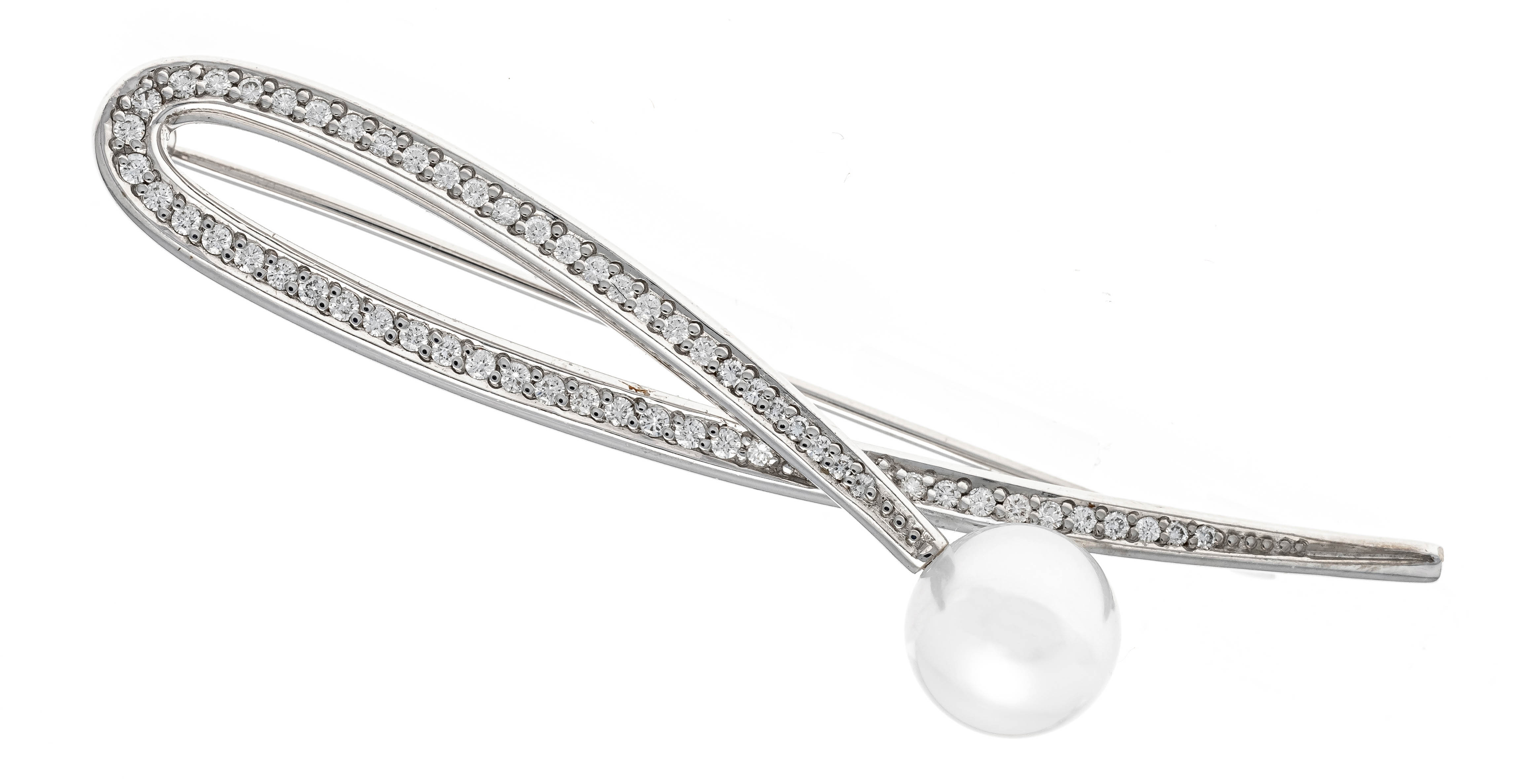 Akoya diamond brooch WG 750/000 with a fine Akoya pearl 9.5 mm and diamonds, add. 0.525 ct W/SI,