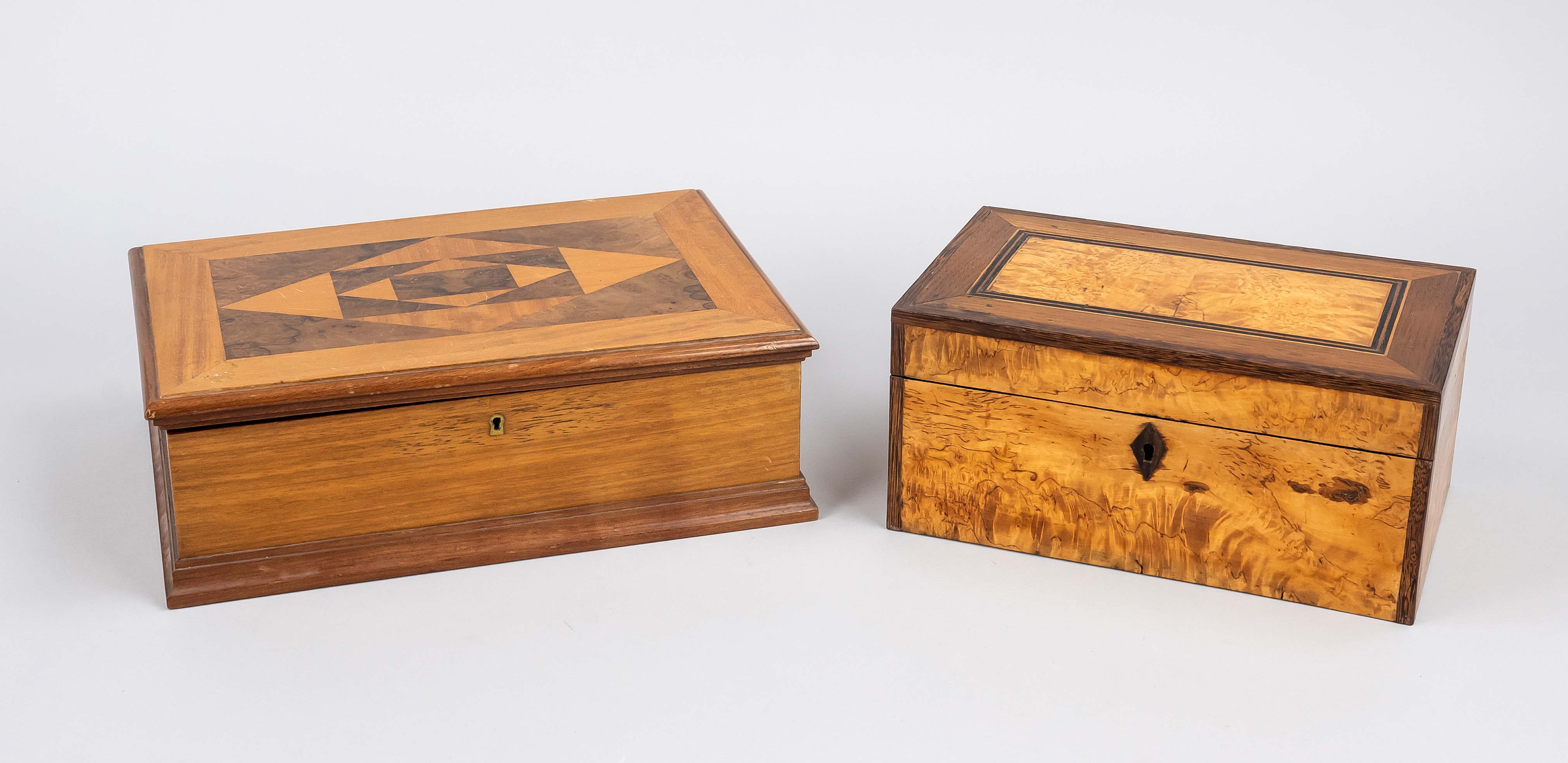 2 sewing boxes, end of 19th century, wood, veneered. Both with hinged lid with lock (without key),