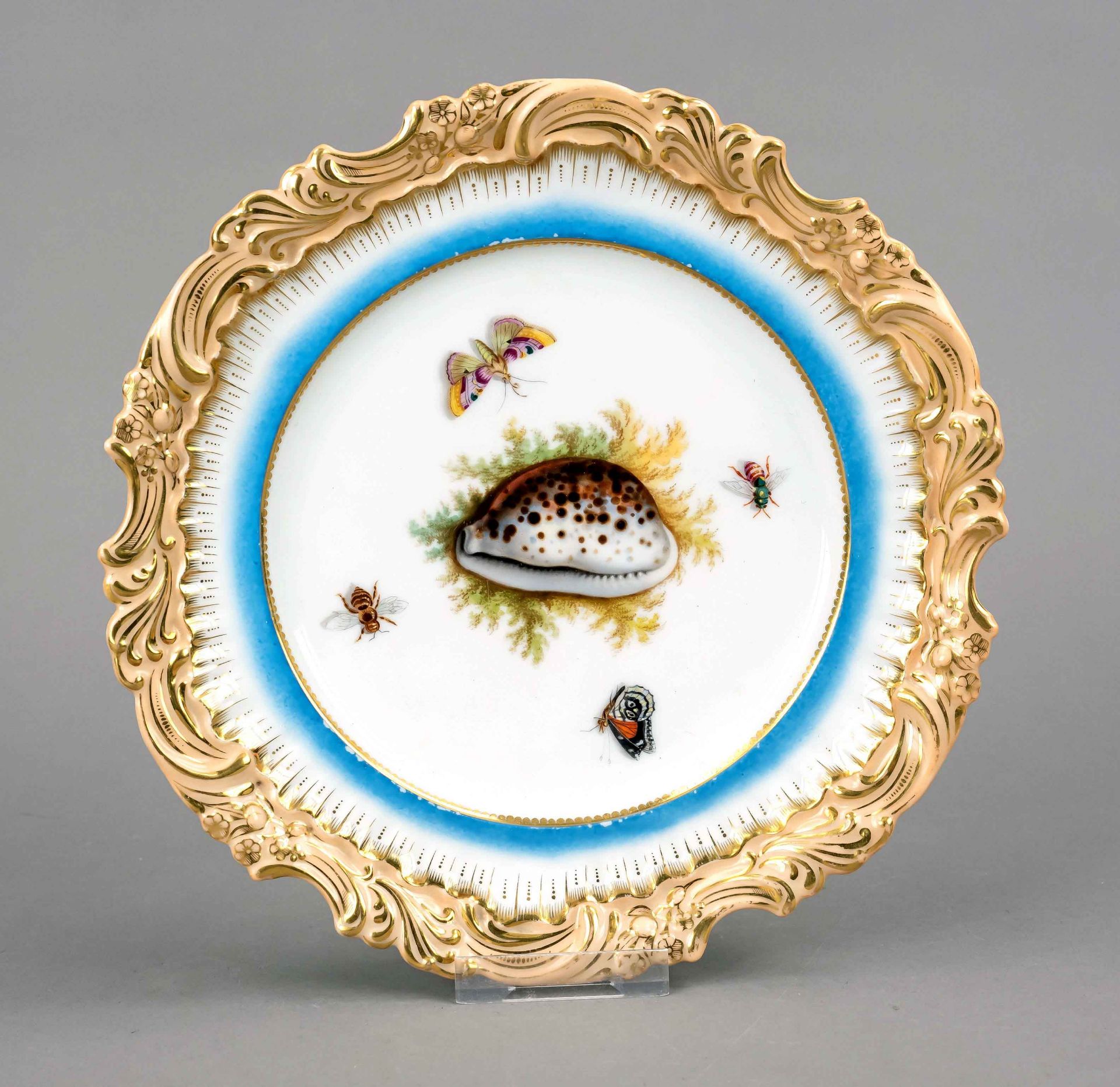 Historism plate, end of 19th century, mirror with polychrome painting of shells and insects,