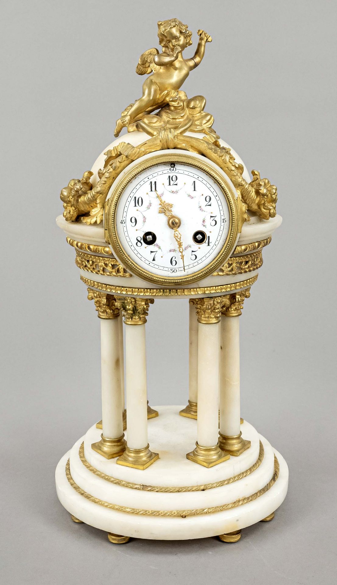 white marble columned pendulum, 2nd half 19th c., temple style, with 6 columns with gilded bases and