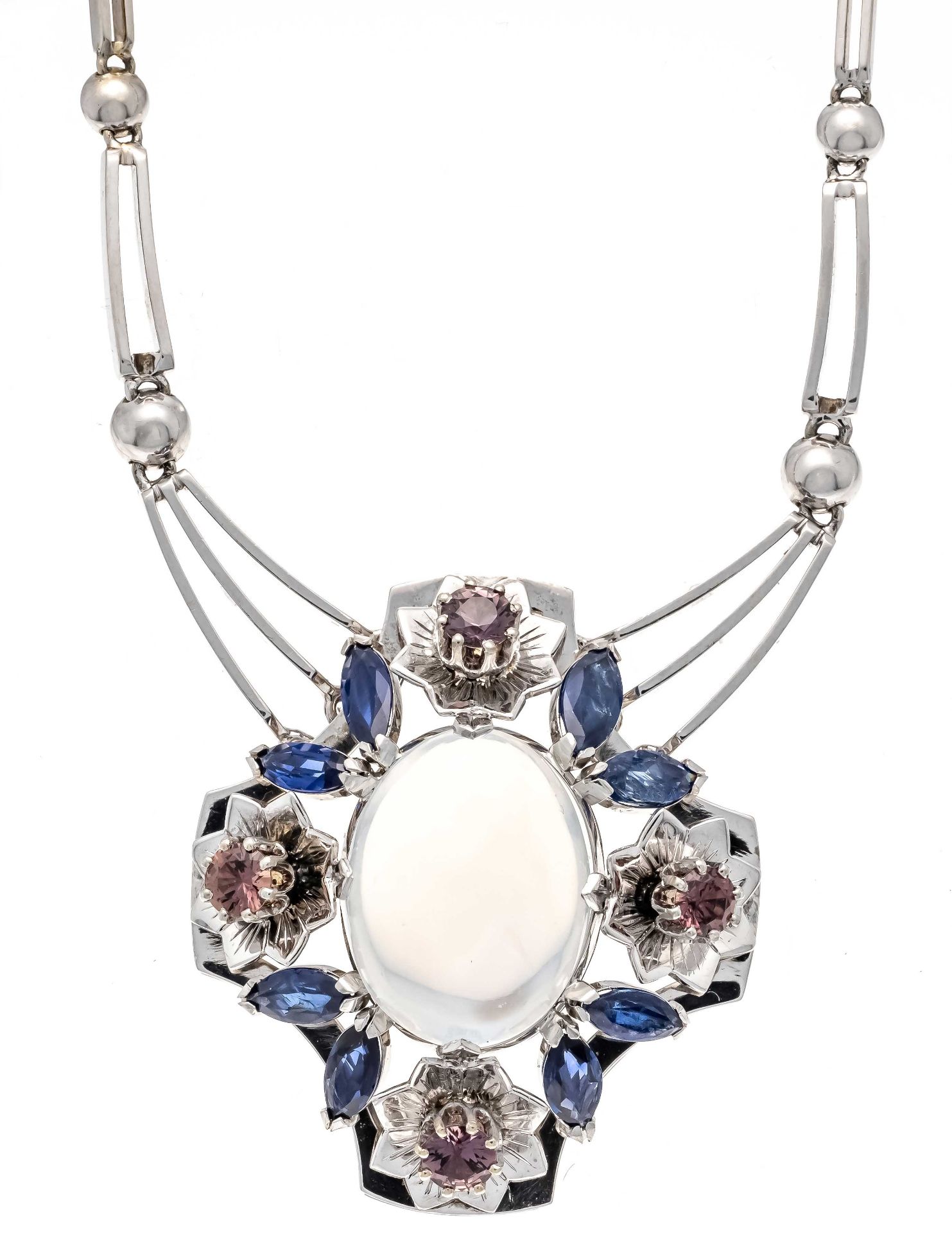 Moonstone-sapphire necklace WG 585/000 floral pendant with one oval moonstone cabochon 19 x 14.6 mm,