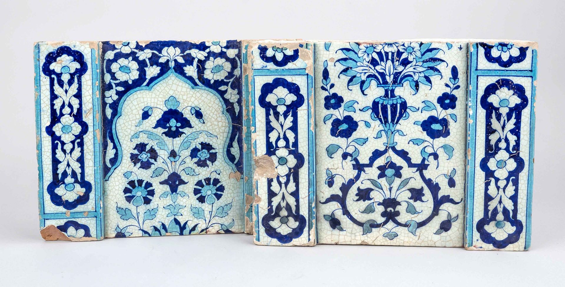 Pair of large Iznik tiles, probably Ottoman Empire 16th century, porcelain with crackled luster