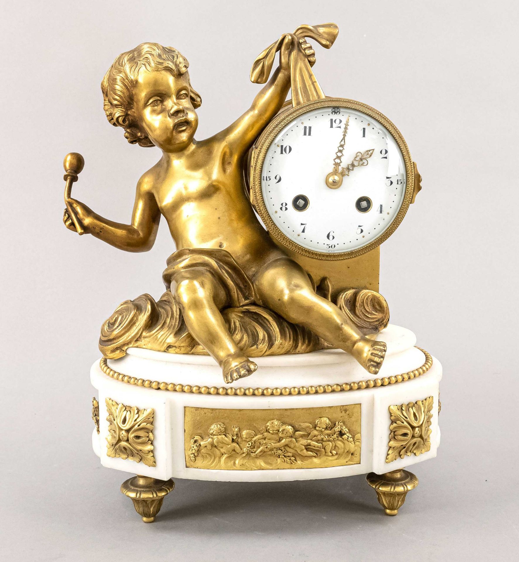 french. Figure pendulum, 2nd half 19th century, bronze fire gilded, putto with mallet carrying a