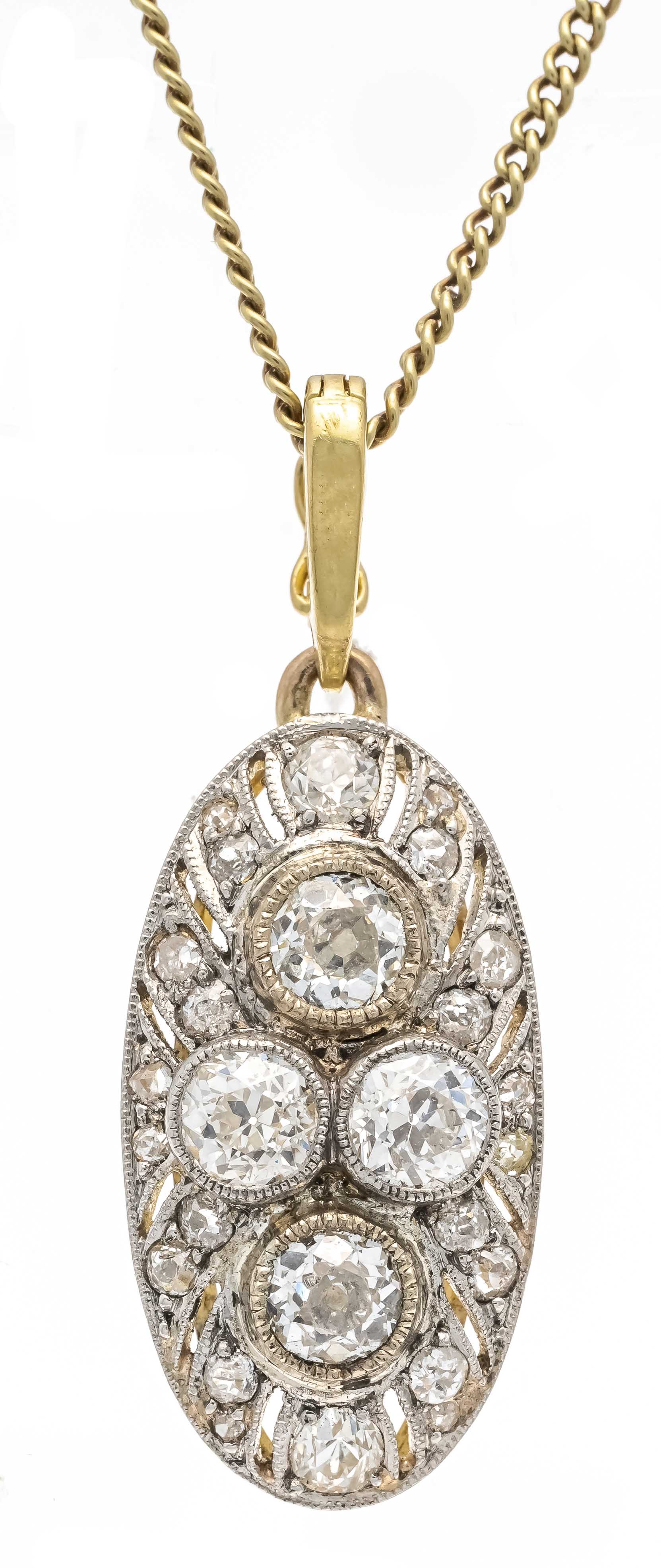 Old-cut diamond rose pendant GG/WG 585/000 with 18 old-cut diamonds, l.ct. l.get W-W/SI and