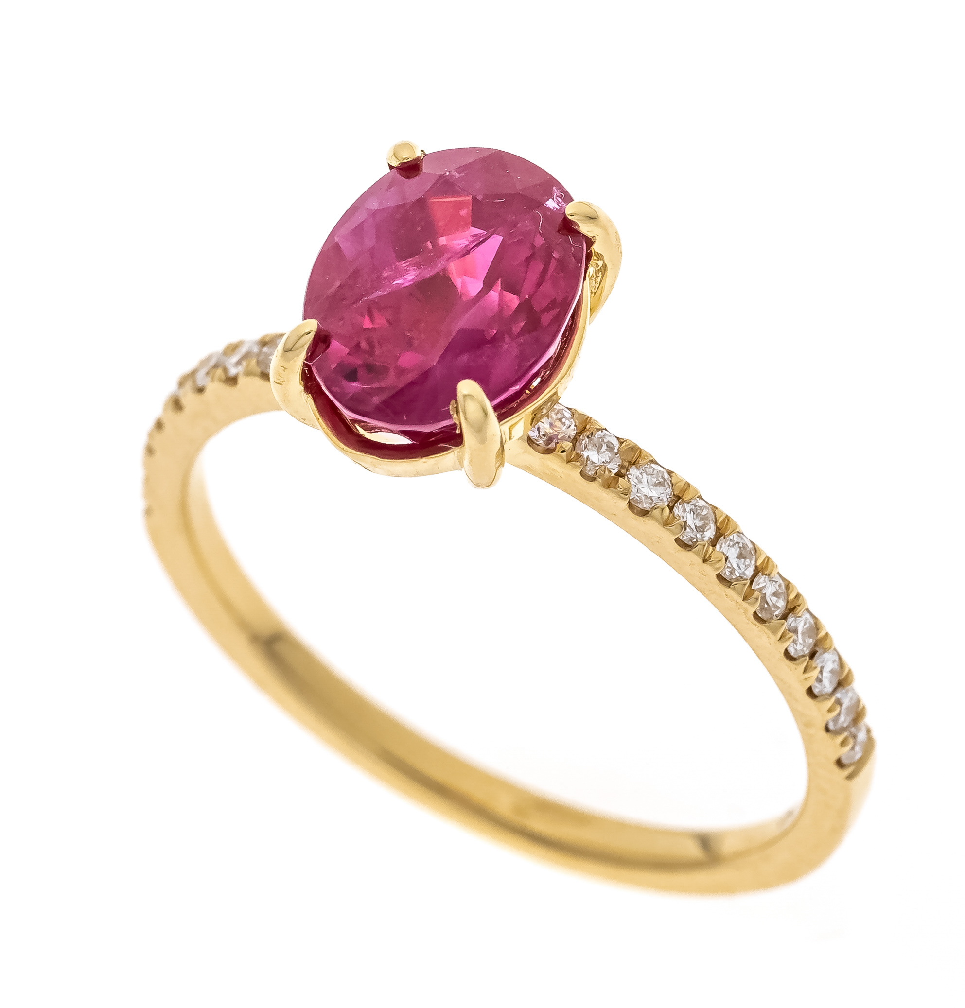 Burma ruby brilliant ring GG 750/000 with one oval faceted Burma ruby 2,50 ct bright red,