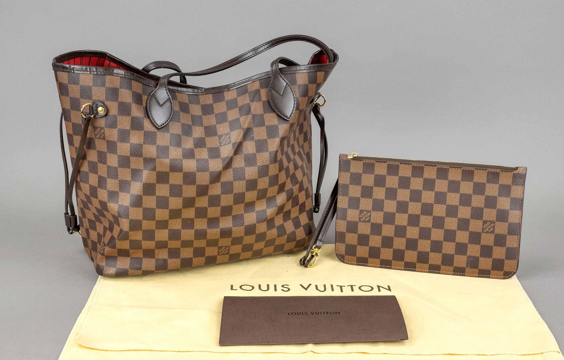 Louis Vuitton, Neverfull Damier Ebene Canvas MM Bag, brown-checked rubberized cotton fabric with
