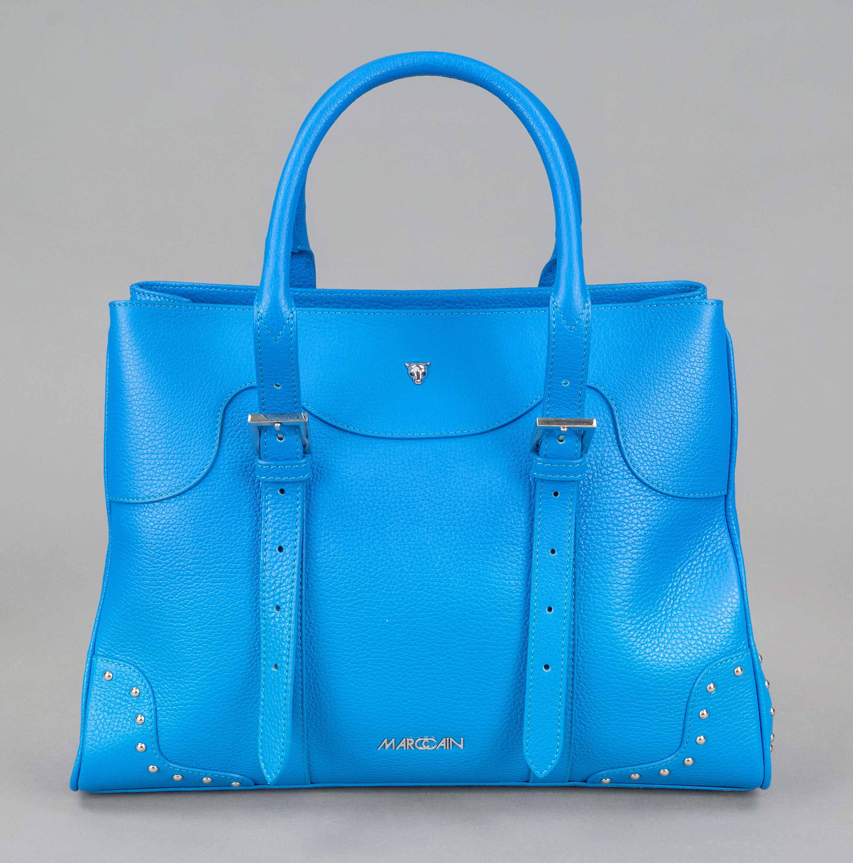 Marc Cain, Blue Shoulder Bag, royal blue grained leather, silver-tone hardware and stud trim,