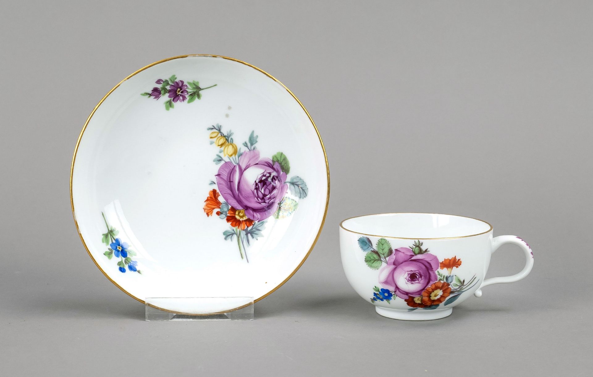 Tea cup with saucer, Meissen, Marcolini mark 1774-1817, hemispherical shape with ear handle,