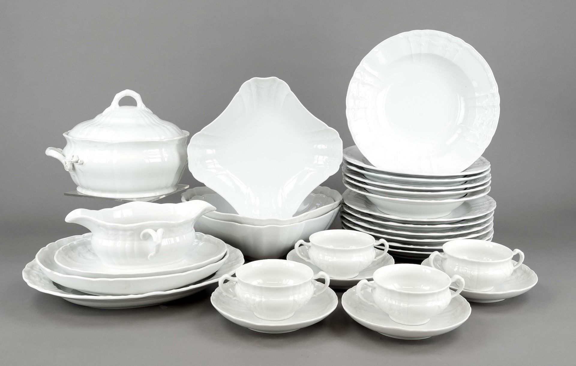 Large dinner service for 14-15 persons, 57 pieces, KPM Berlin, 20th c., 2nd choice, form Rocaille,