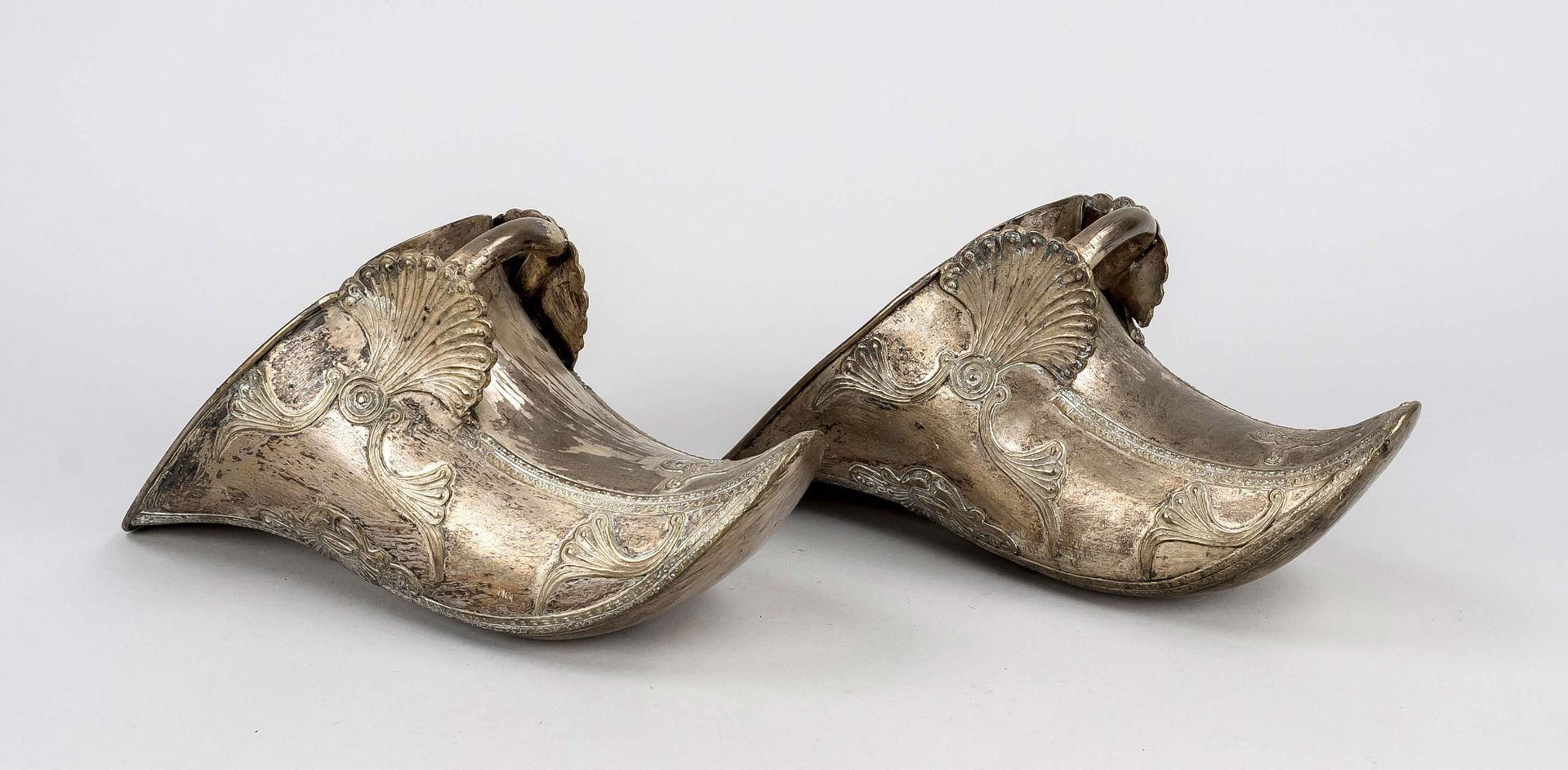 Pair of stirrup shoes, probably 19th c. (or earlier?), silver plated metal. Pointed, ornamental