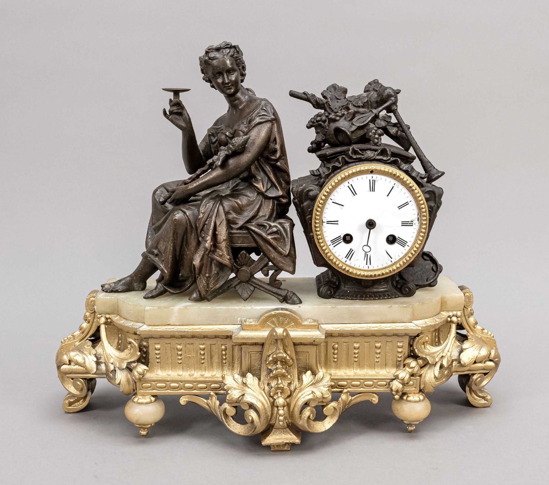 french. Figure pendulum, 2nd half 19th c., color gilded base, with alabaster plate, white cast