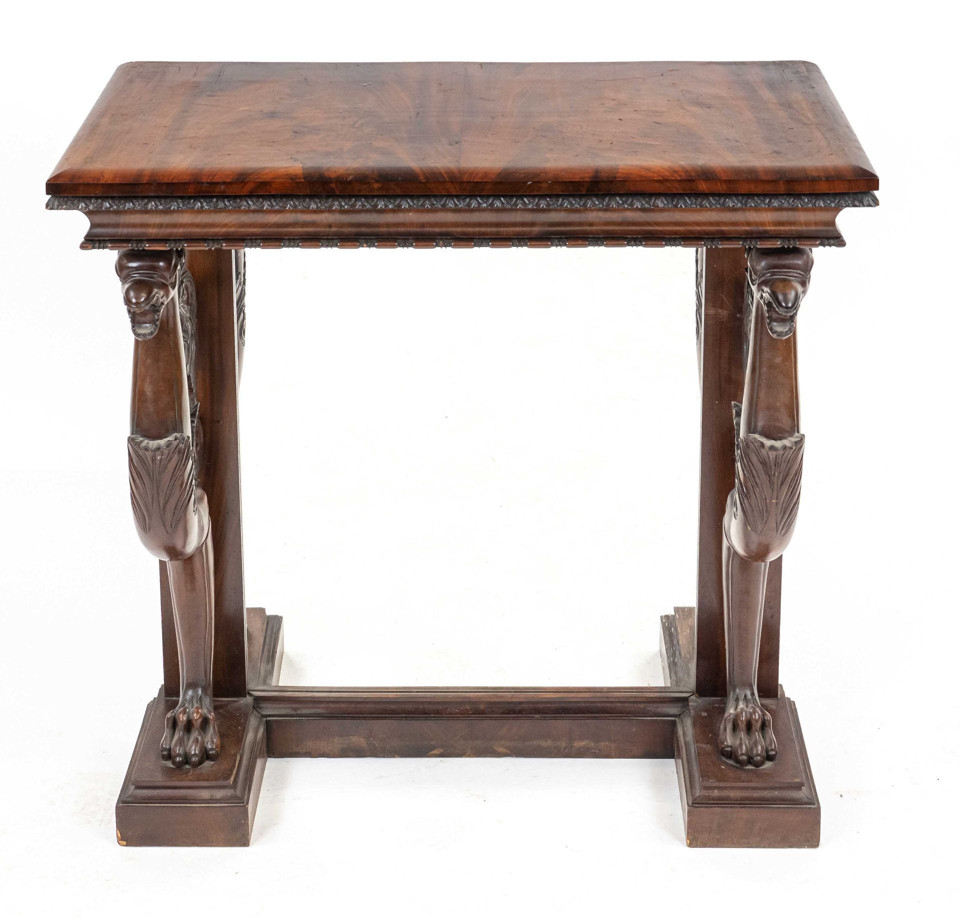 Console table, late Biedermeier c. 1850, solid mahogany, fully carved mythical creatures, mirrored