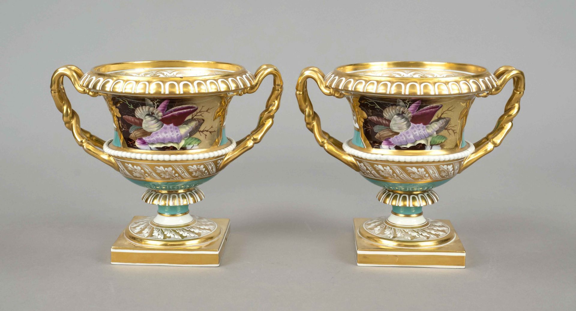 Pair of ostentatious vases, France, 19th c., of squat crater form, with flared godroned lip rim,