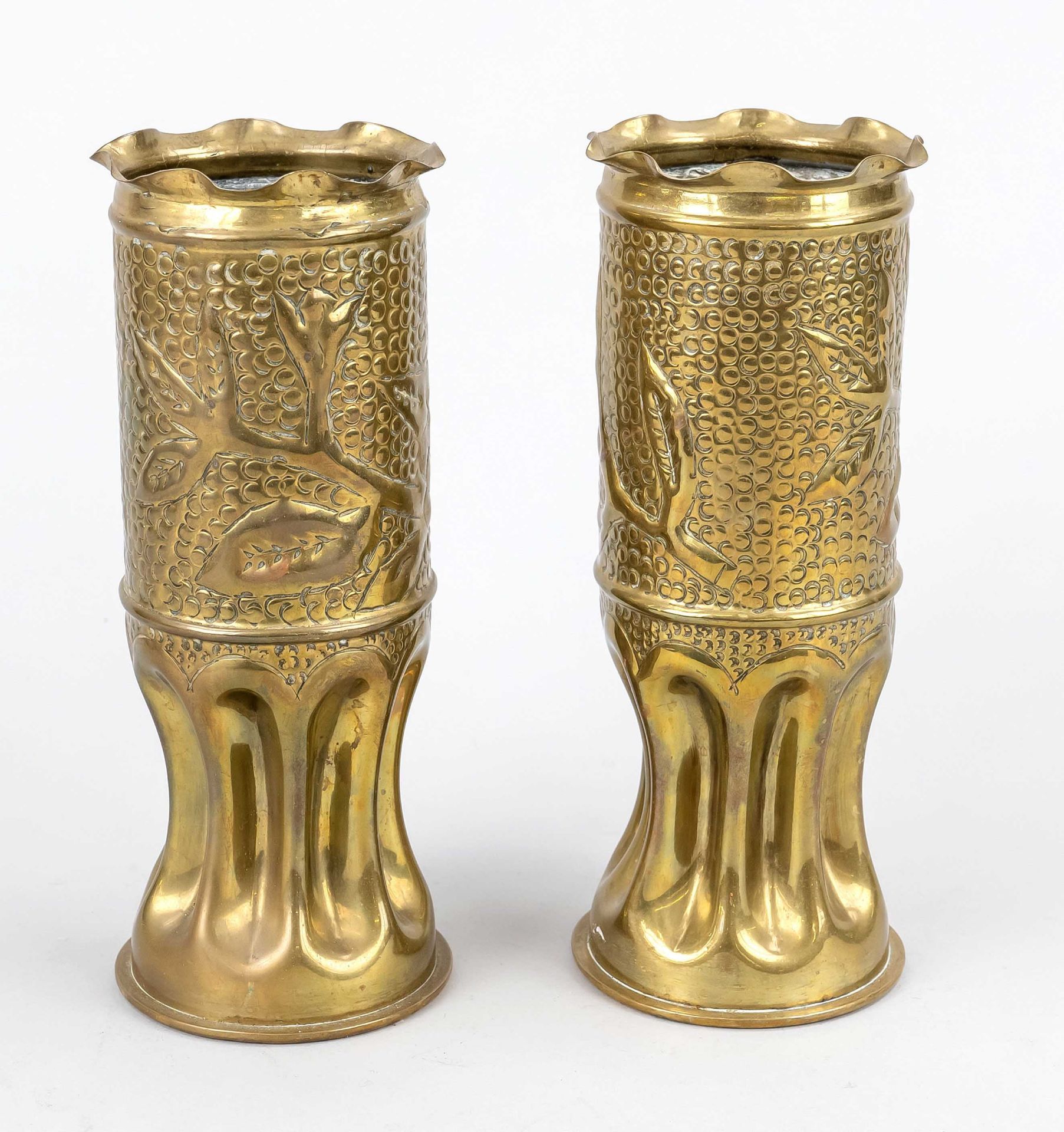 Pair of vases, early 20th century, brass. Fluted, indented foot, chased relief ornament with